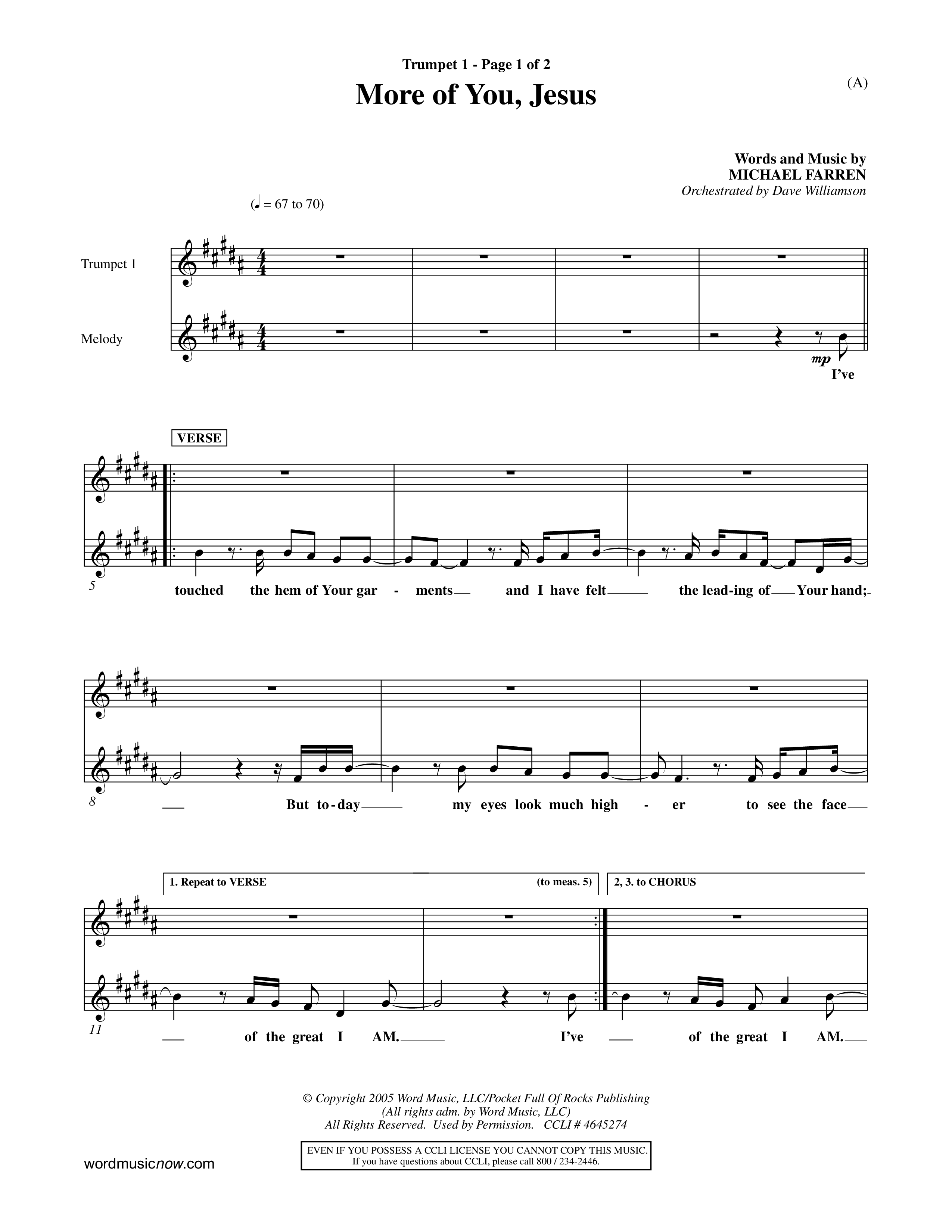 More Of You Jesus (Choral Anthem SATB) Trumpet 1 (Word Music Choral / Orch. Dave Williamson)