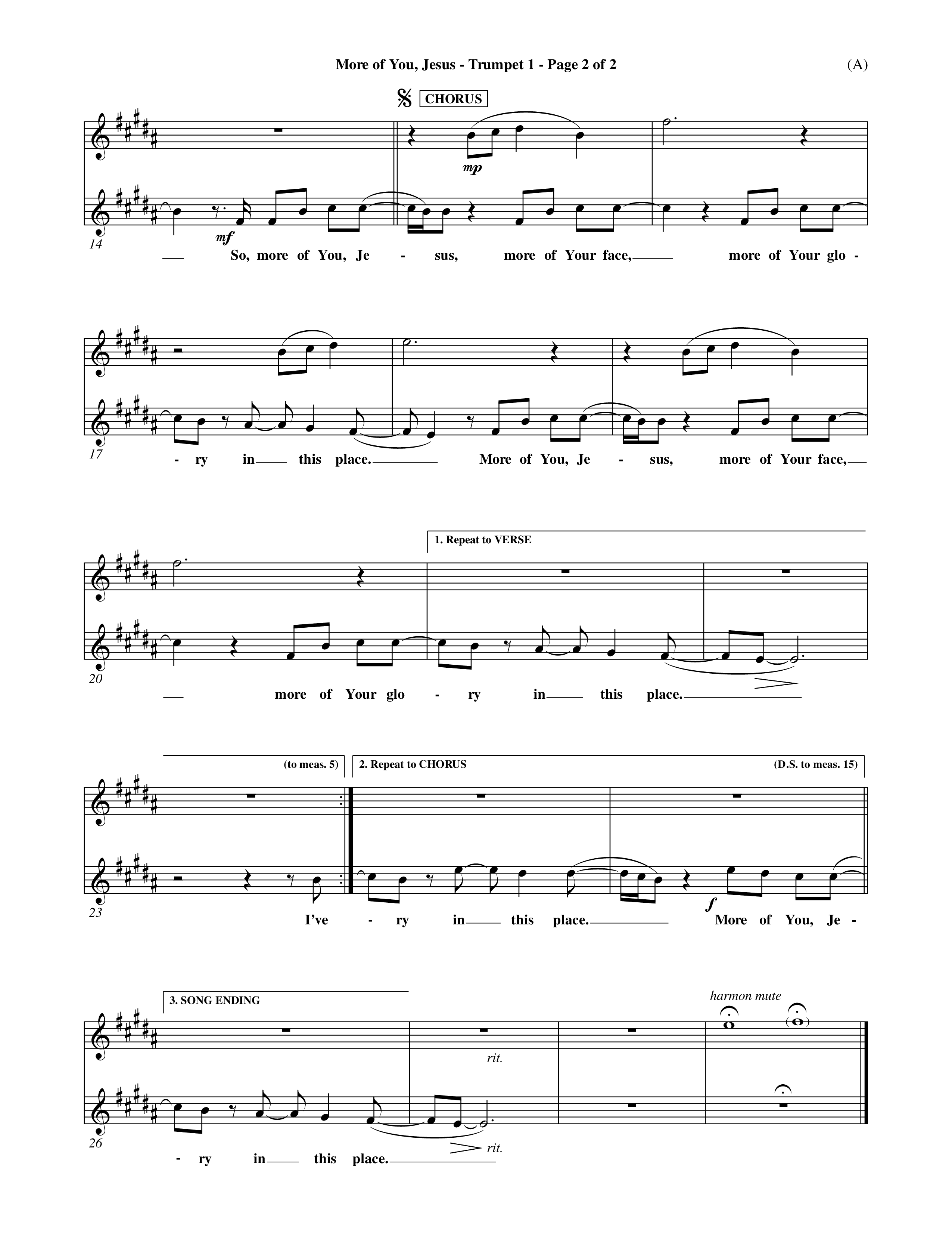 More Of You Jesus (Choral Anthem SATB) Trumpet 1 (Word Music Choral / Orch. Dave Williamson)