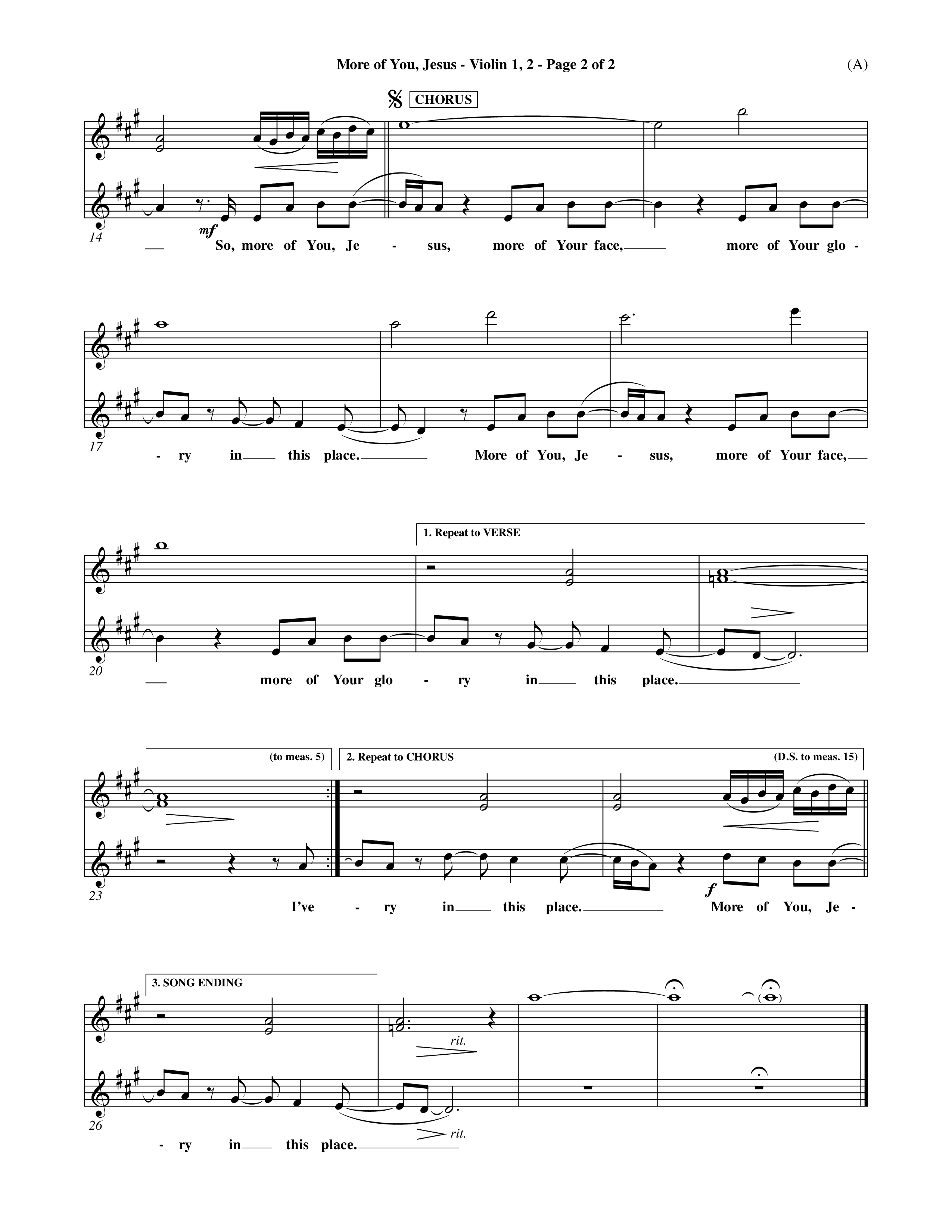 More Of You Jesus (Choral Anthem SATB) Violin 1/2 (Word Music Choral / Orch. Dave Williamson)