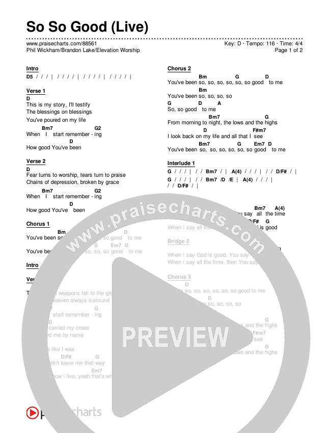 So So Good (Live) Chords & Lyrics (Phil Wickham / Brandon Lake / Elevation Worship)