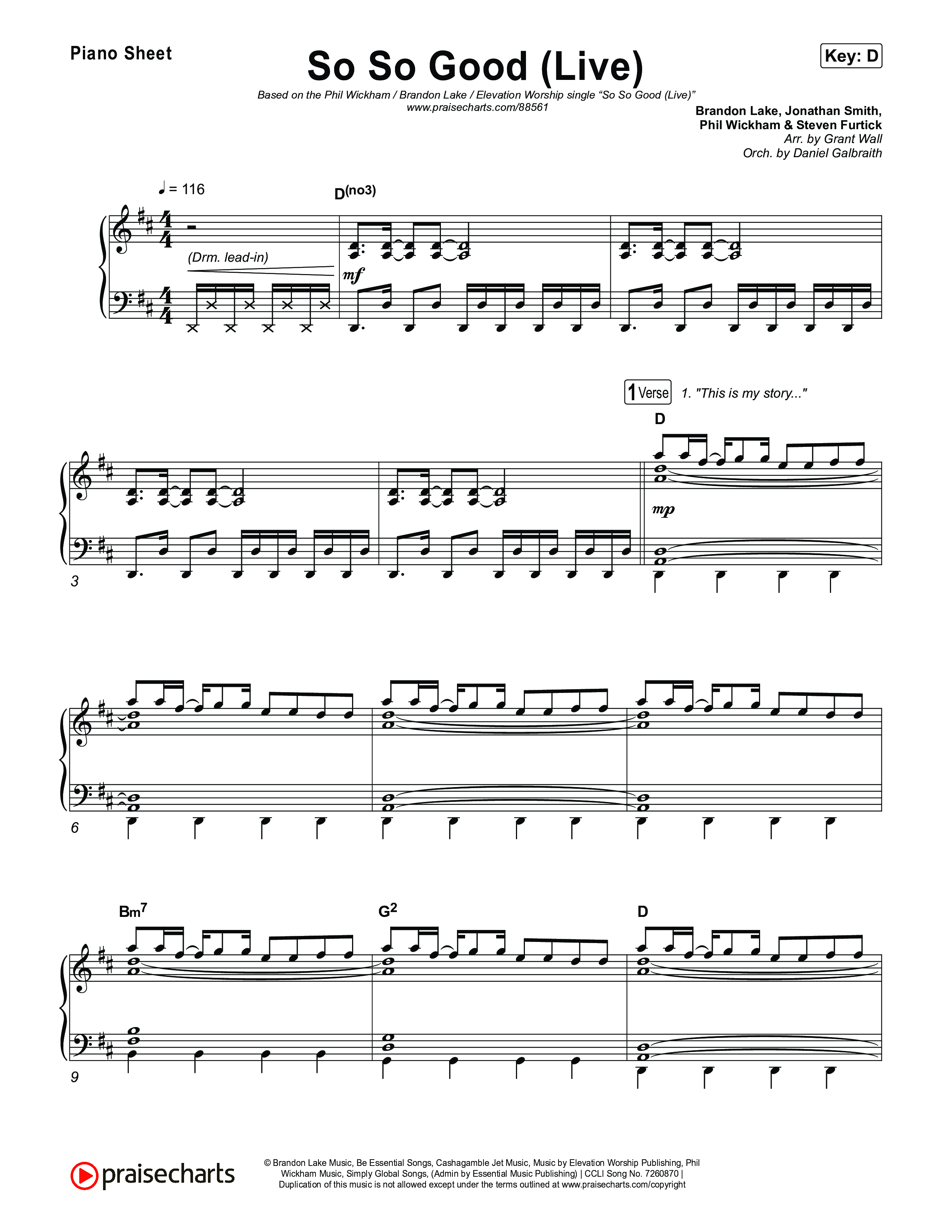 So So Good (Live) Piano Sheet (Phil Wickham / Brandon Lake / Elevation Worship)