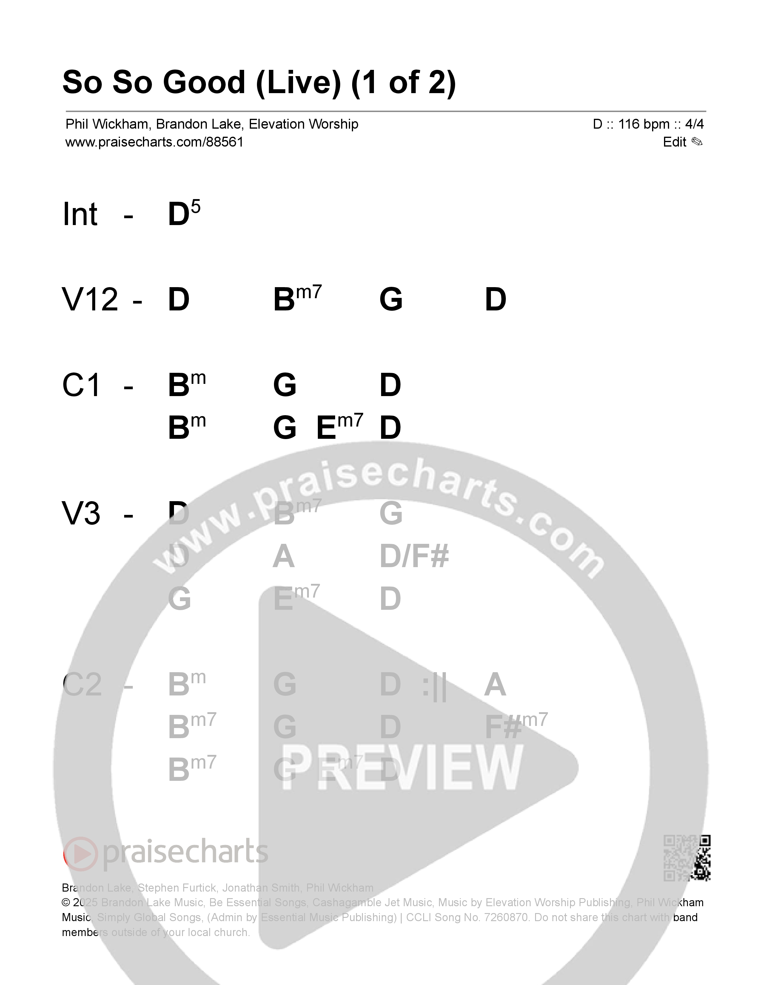 So So Good (Live) Stage Chart (Phil Wickham / Brandon Lake / Elevation Worship)