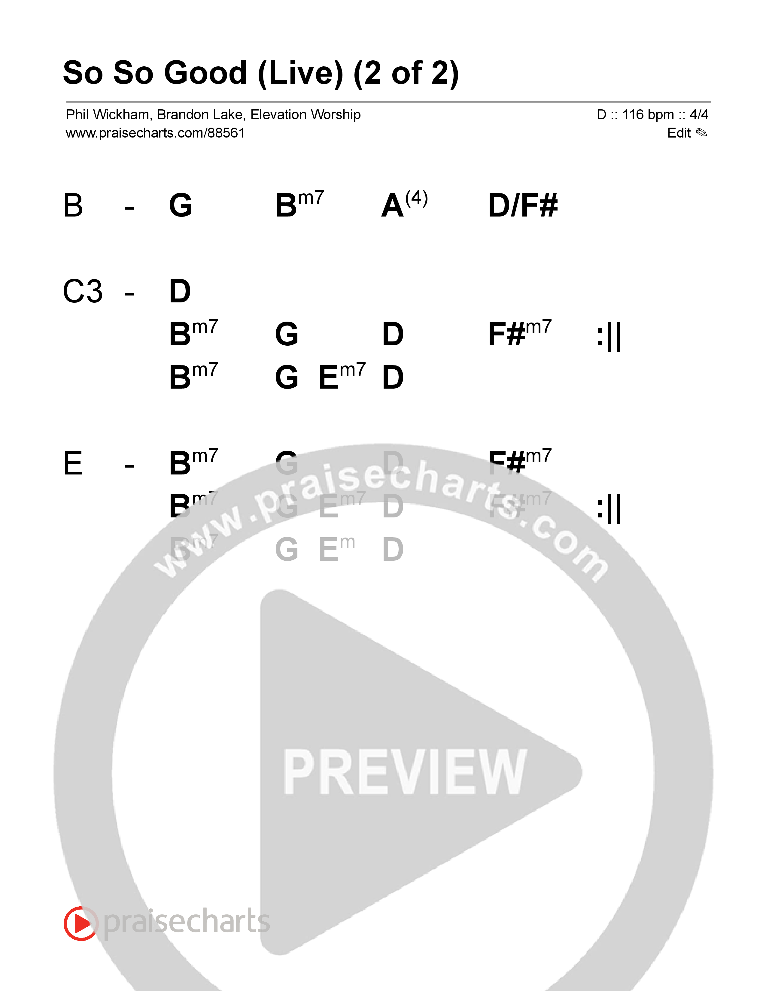 So So Good (Live) Stage Chart (Phil Wickham / Brandon Lake / Elevation Worship)