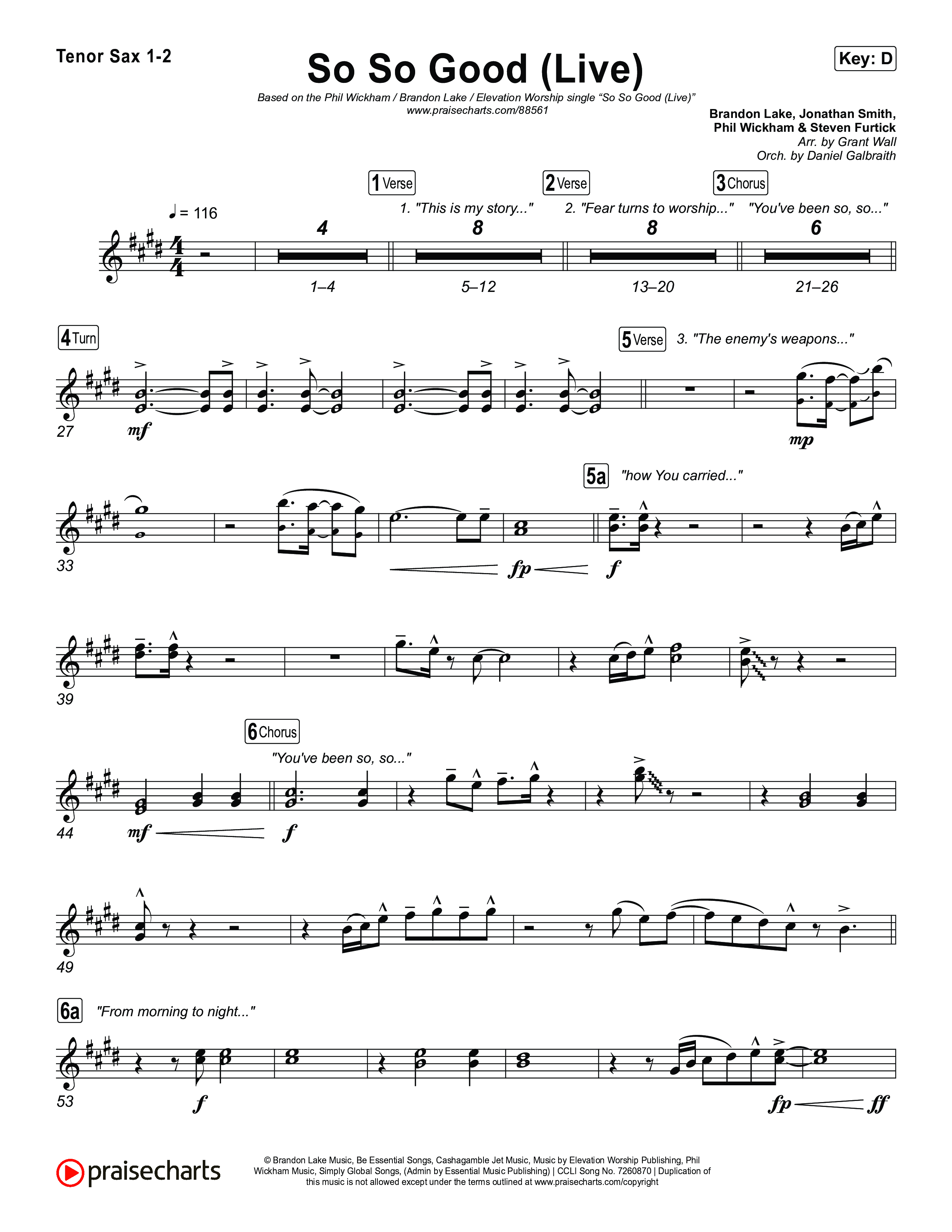 So So Good (Live) Tenor Sax 1,2 (Phil Wickham / Brandon Lake / Elevation Worship)