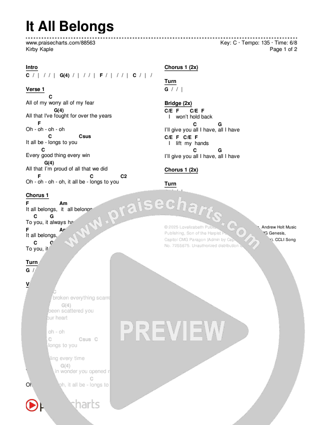 It All Belongs Chords & Lyrics (Kirby Kaple)