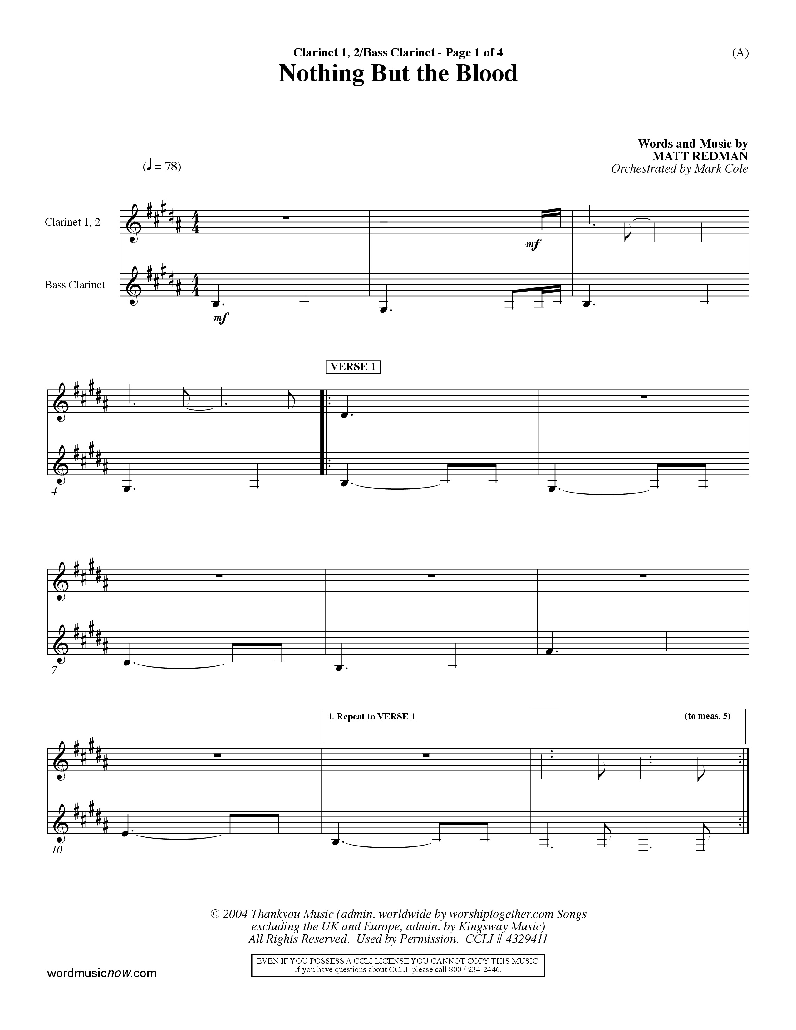 Nothing But The Blood (Choral Anthem SATB) Clarinet 1/2, Bass Clarinet (Word Music Choral / Orch. Mark Cole)