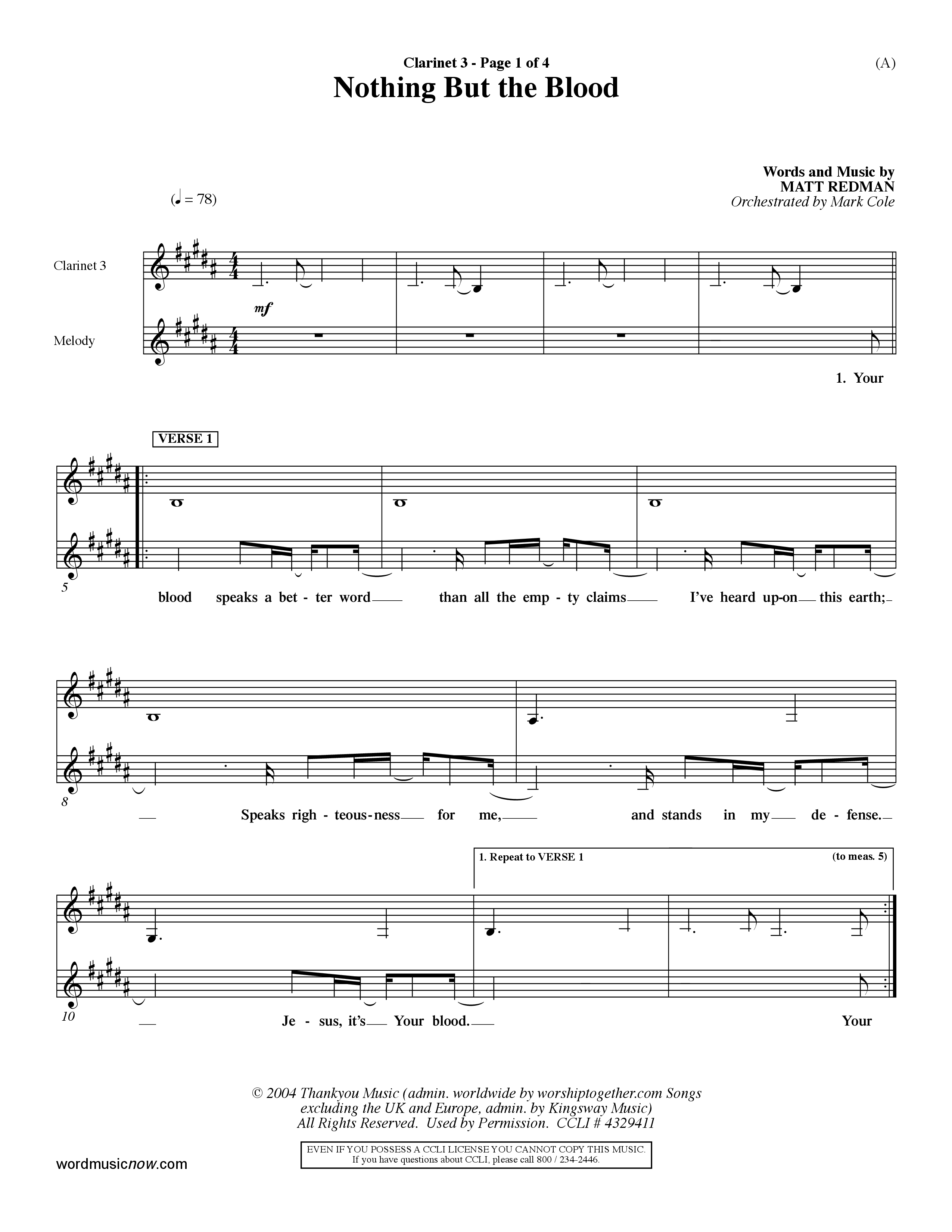 Nothing But The Blood (Choral Anthem SATB) Clarinet 3 (Word Music Choral / Orch. Mark Cole)
