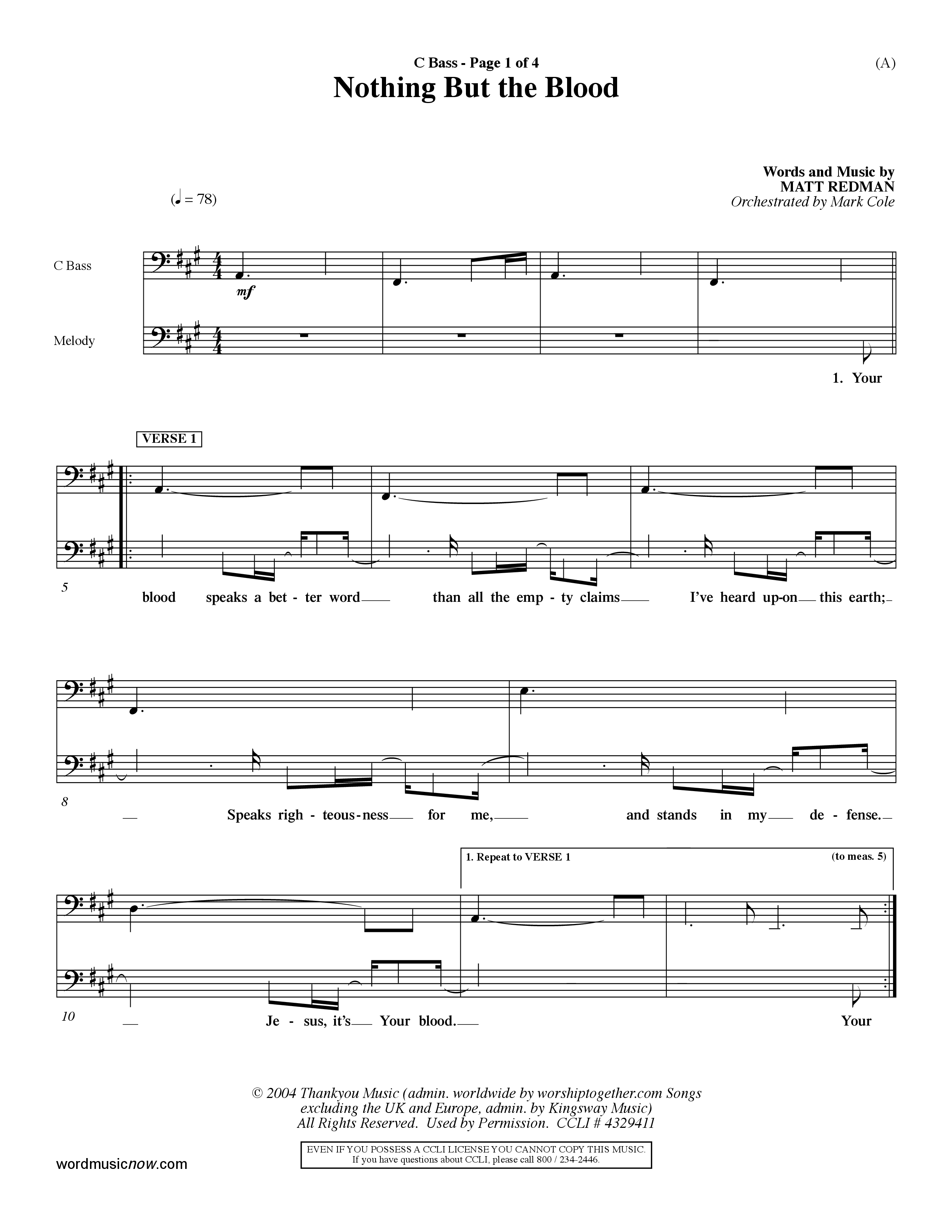 Nothing But The Blood (Choral Anthem SATB) Contrabass (Word Music Choral / Orch. Mark Cole)