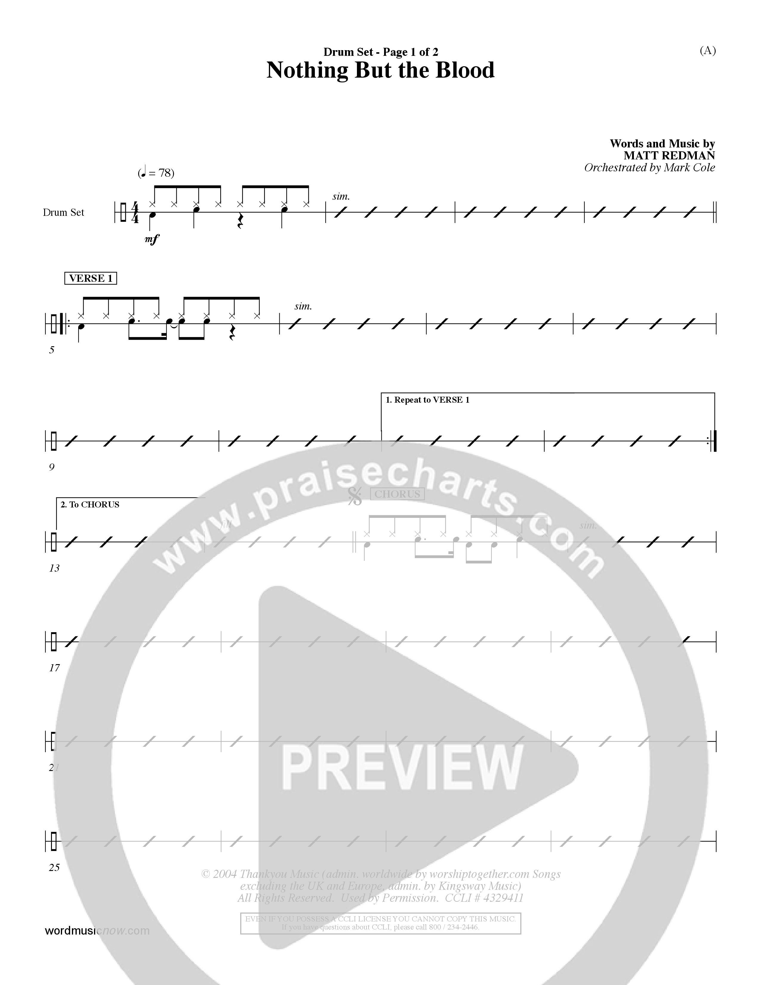 Nothing But The Blood (Choral Anthem SATB) Drum Set (Word Music Choral / Orch. Mark Cole)
