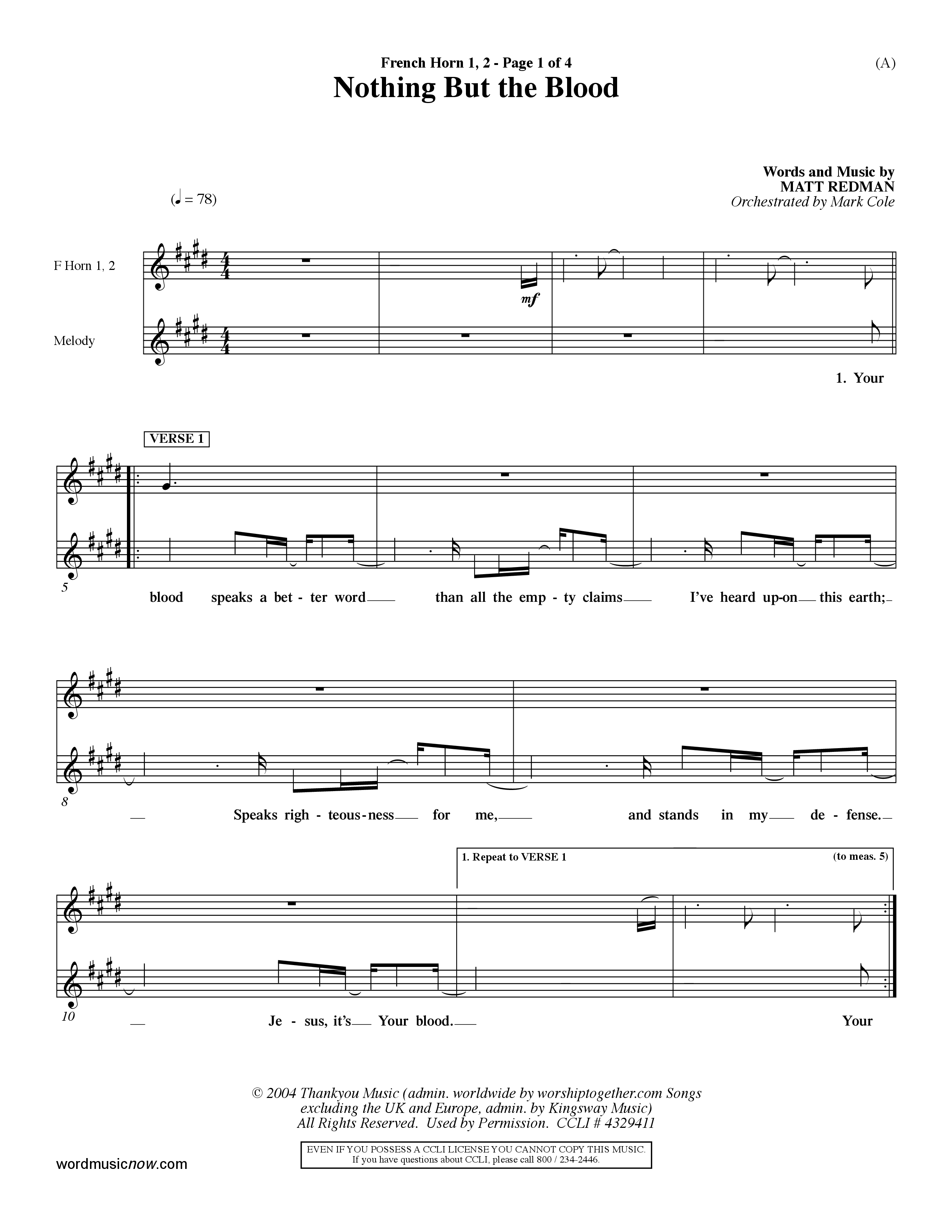 Nothing But The Blood (Choral Anthem SATB) French Horn (Word Music Choral / Orch. Mark Cole)