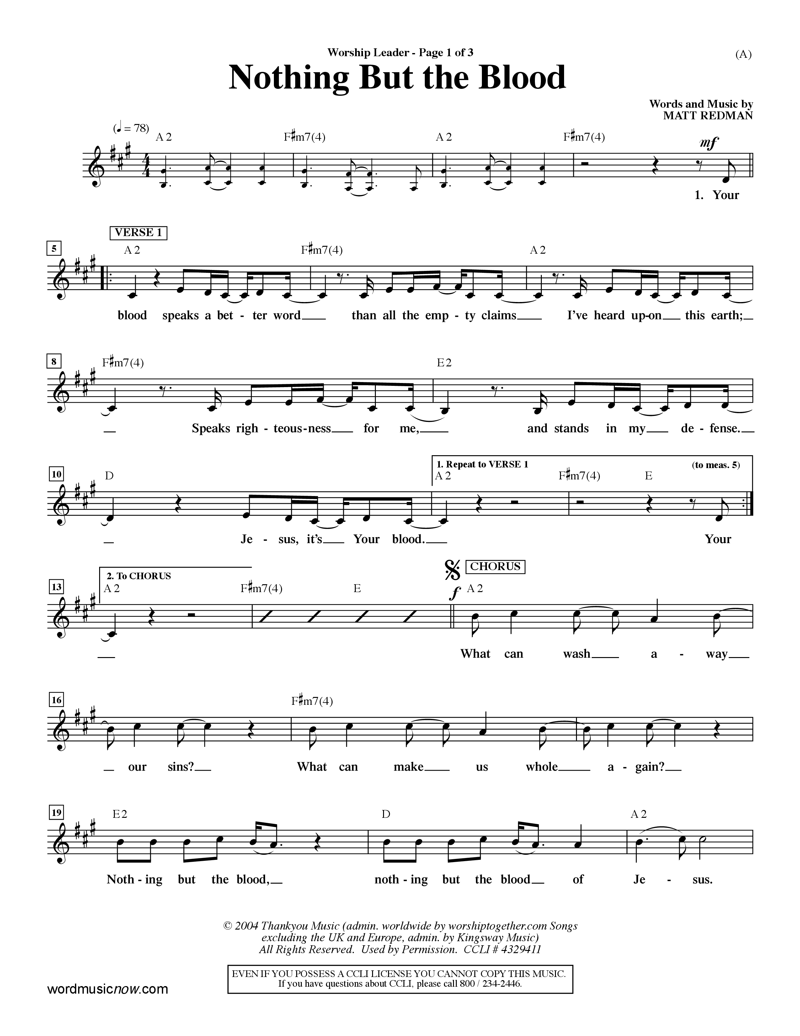 Nothing But The Blood (Choral Anthem SATB) Lead Sheet (Mel) (Word Music Choral / Orch. Mark Cole)