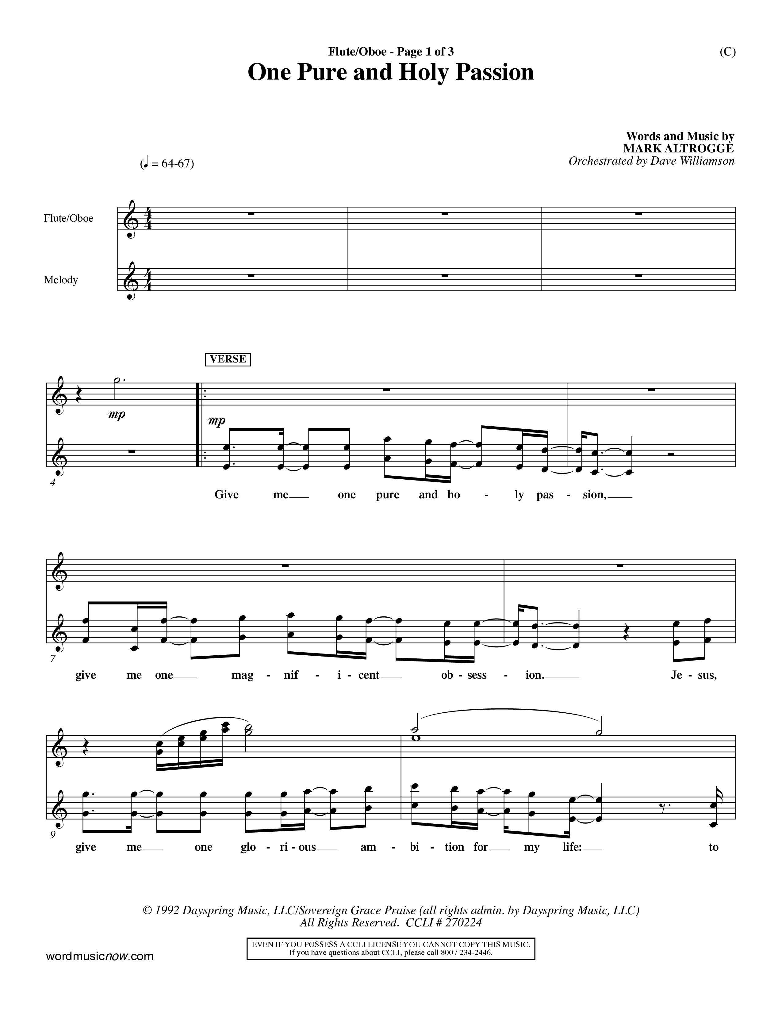 One Pure And Holy Passion (Choral Anthem SATB) Flute/Oboe (Word Music Choral / Orch. Dave Williamson)