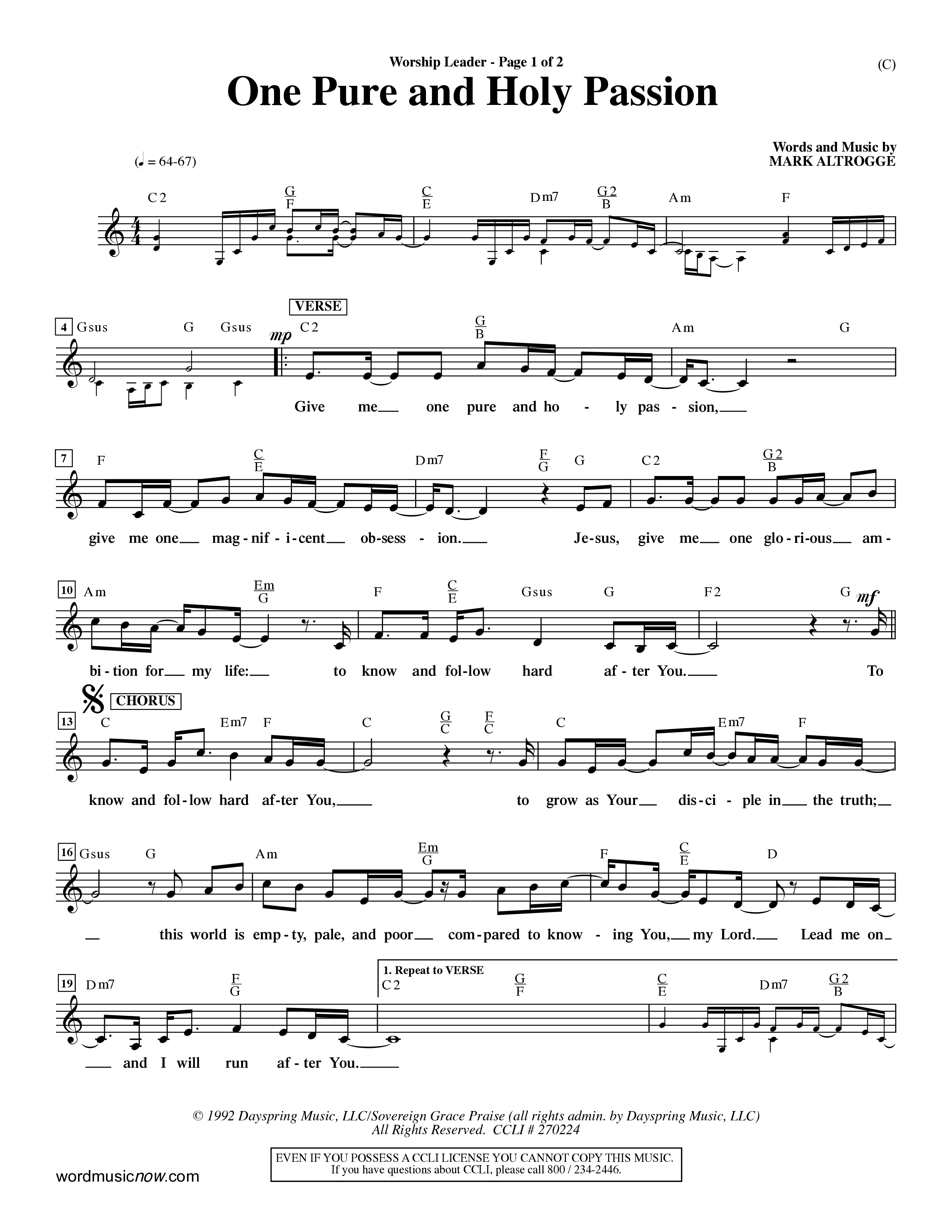 One Pure And Holy Passion (Choral Anthem SATB) Lead Sheet (Mel) (Word Music Choral / Orch. Dave Williamson)