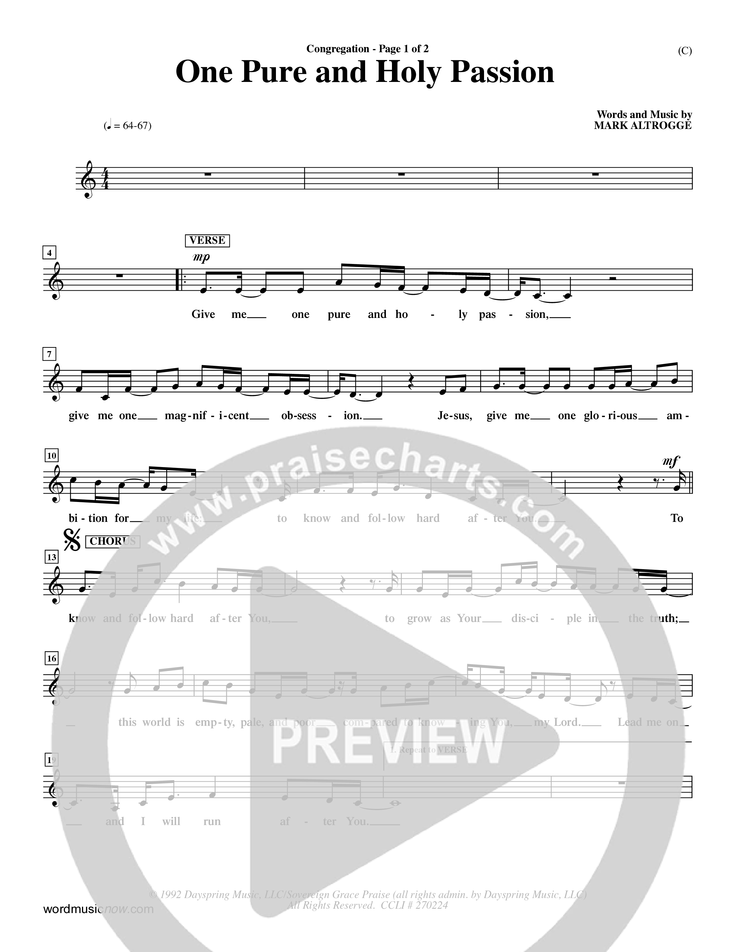 One Pure And Holy Passion (Choral Anthem SATB) Lead Sheet (Mel) (Word Music Choral / Orch. Dave Williamson)