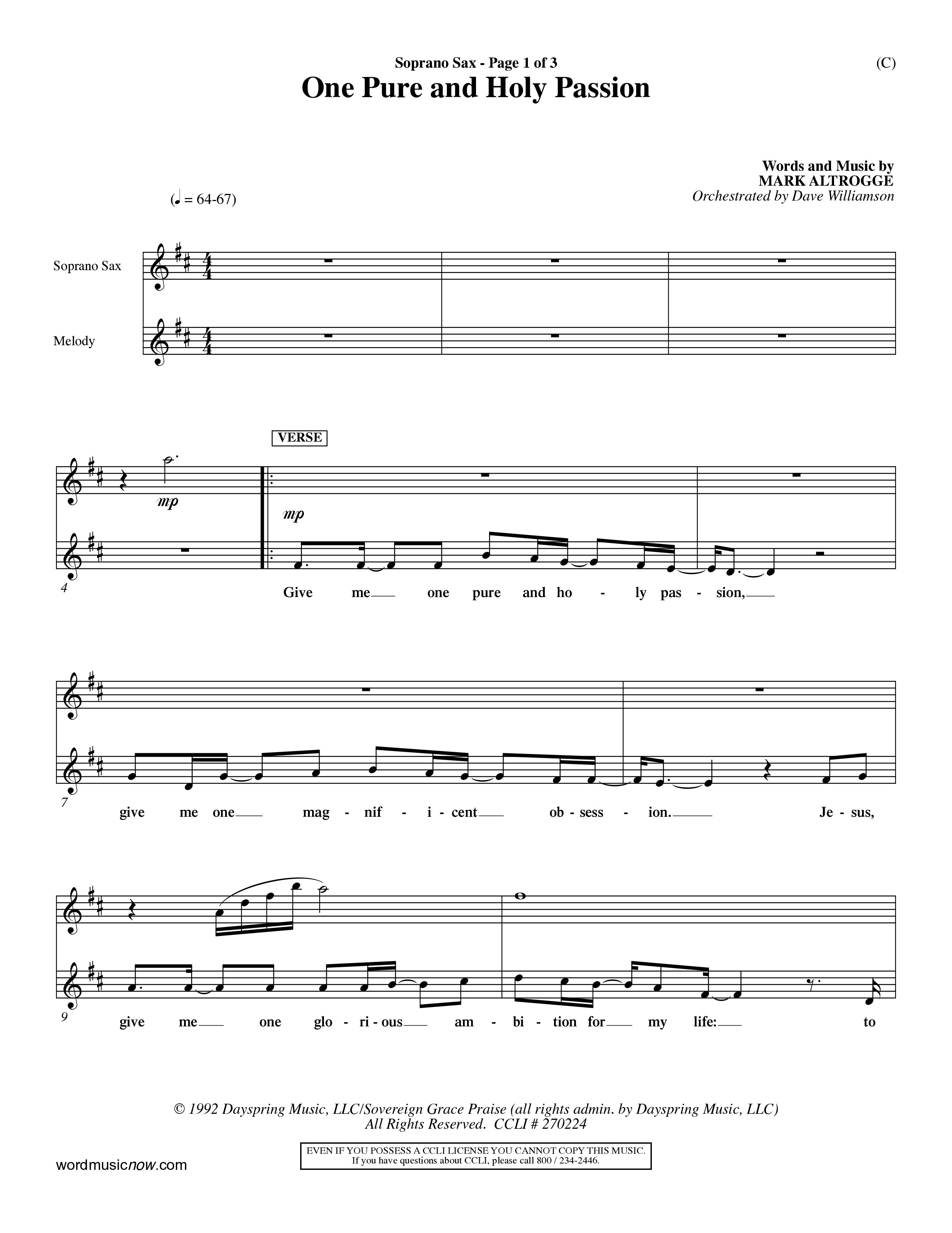 One Pure And Holy Passion (Choral Anthem SATB) Saxophone (Word Music Choral / Orch. Dave Williamson)