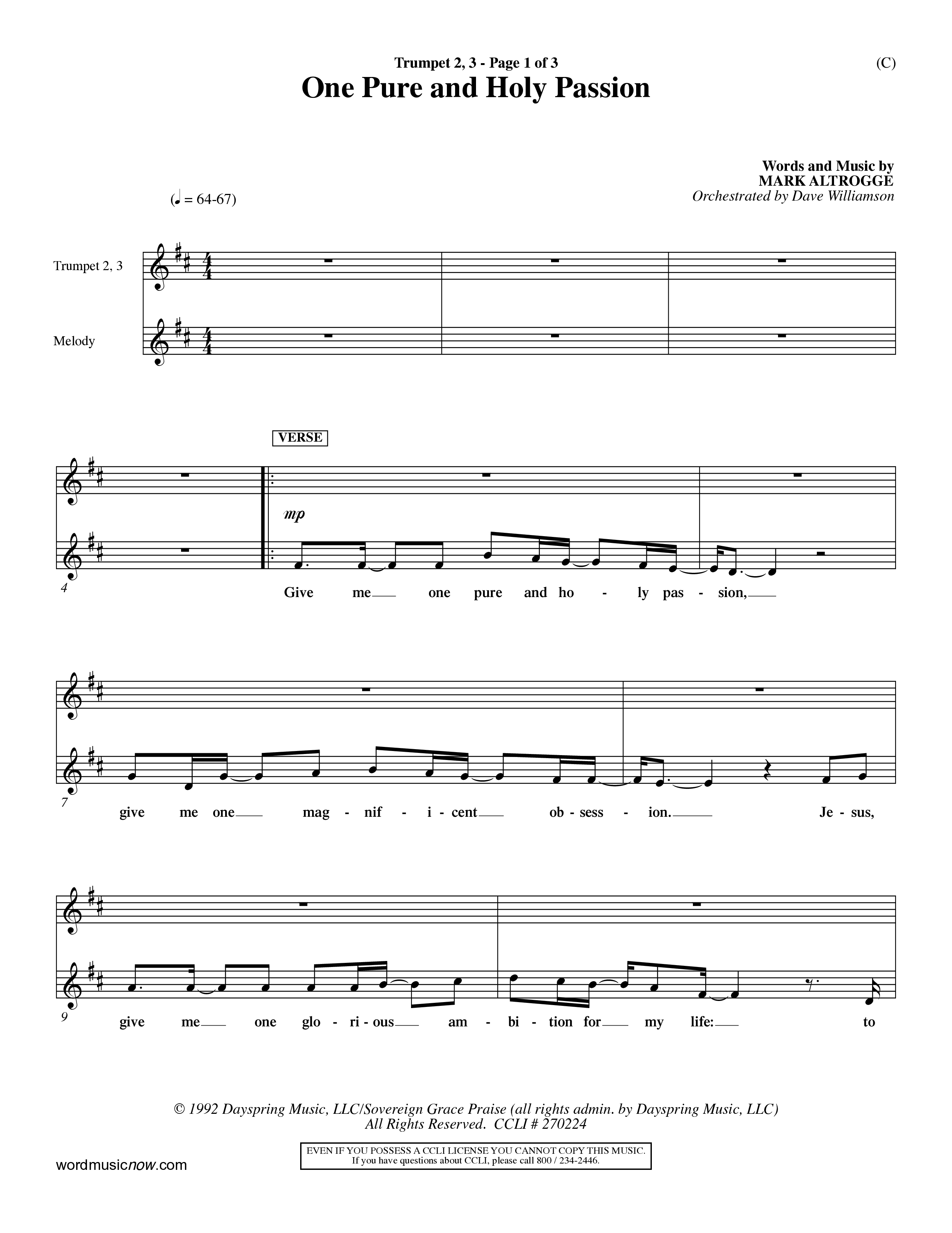 One Pure And Holy Passion (Choral Anthem SATB) Trumpet 2/3 (Word Music Choral / Orch. Dave Williamson)