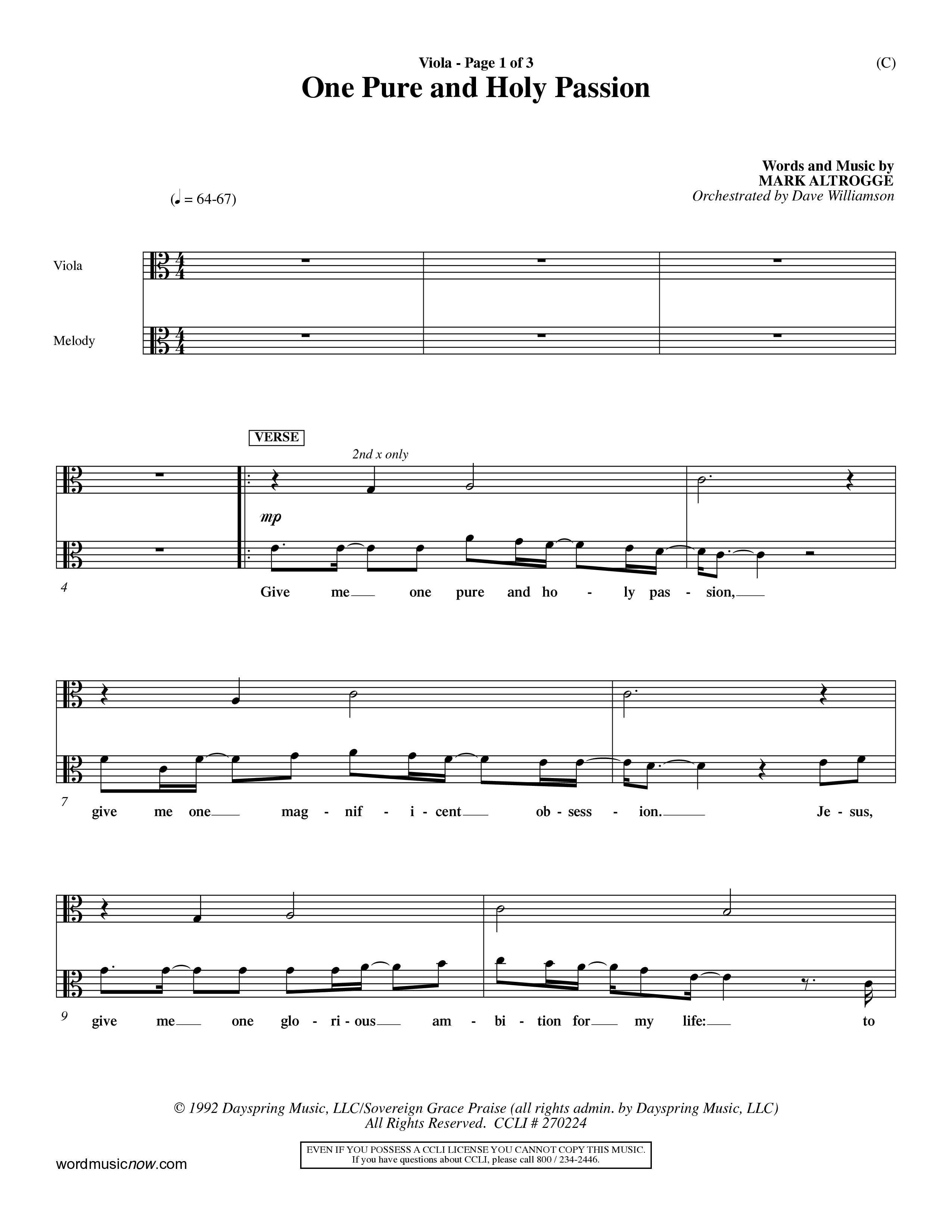 One Pure And Holy Passion (Choral Anthem SATB) Viola (Word Music Choral / Orch. Dave Williamson)