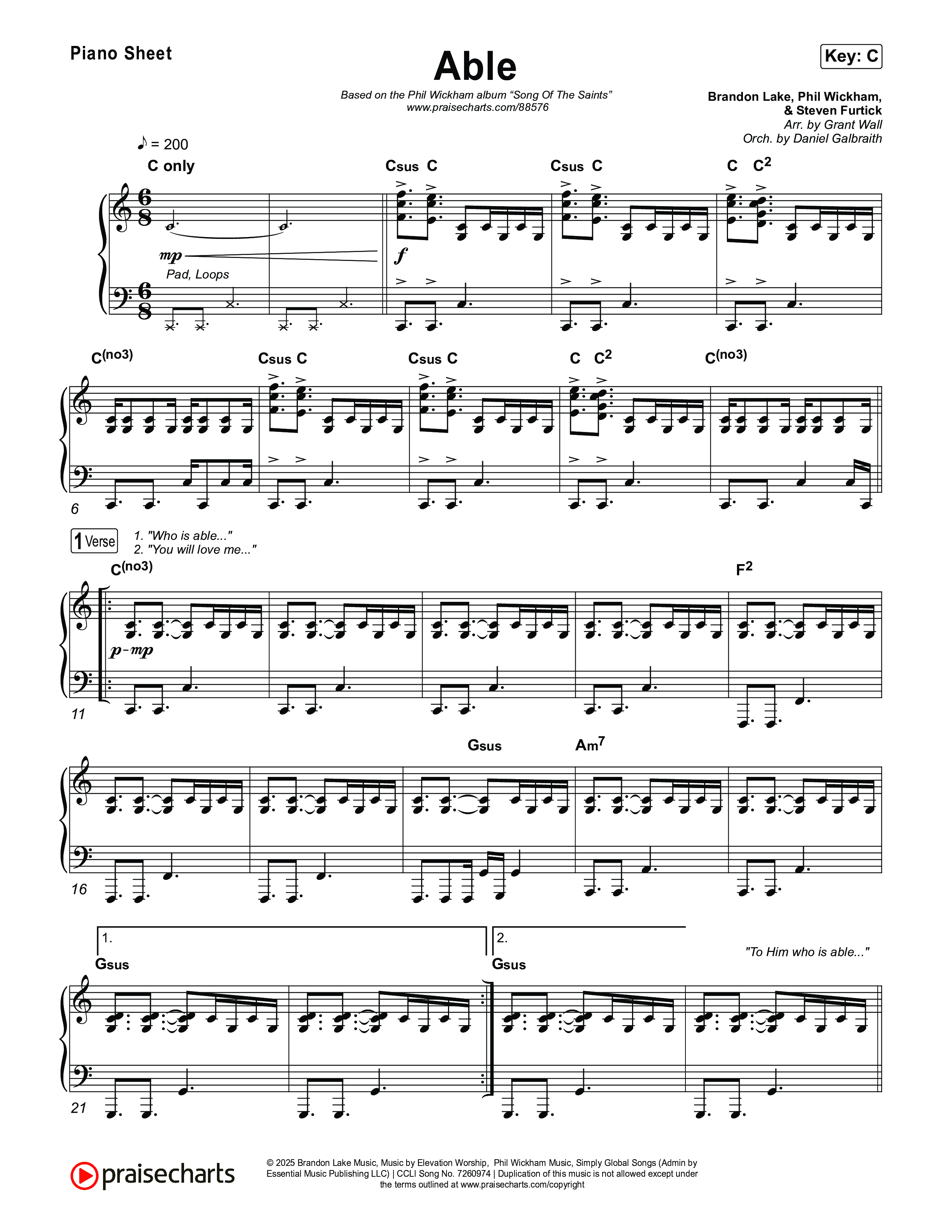 Able Piano Sheet (Phil Wickham)