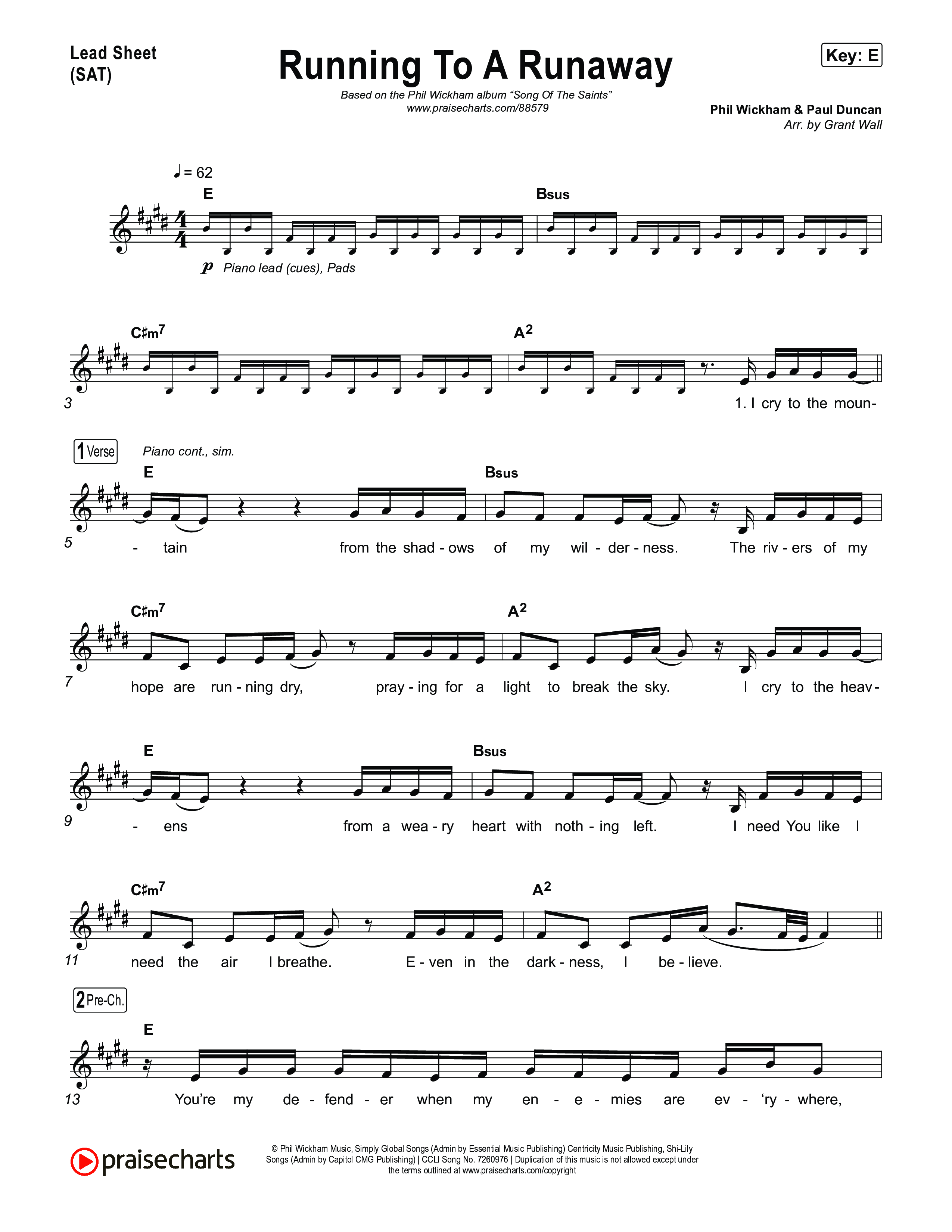 Running To A Runaway Lead Sheet (SAT) (Phil Wickham)