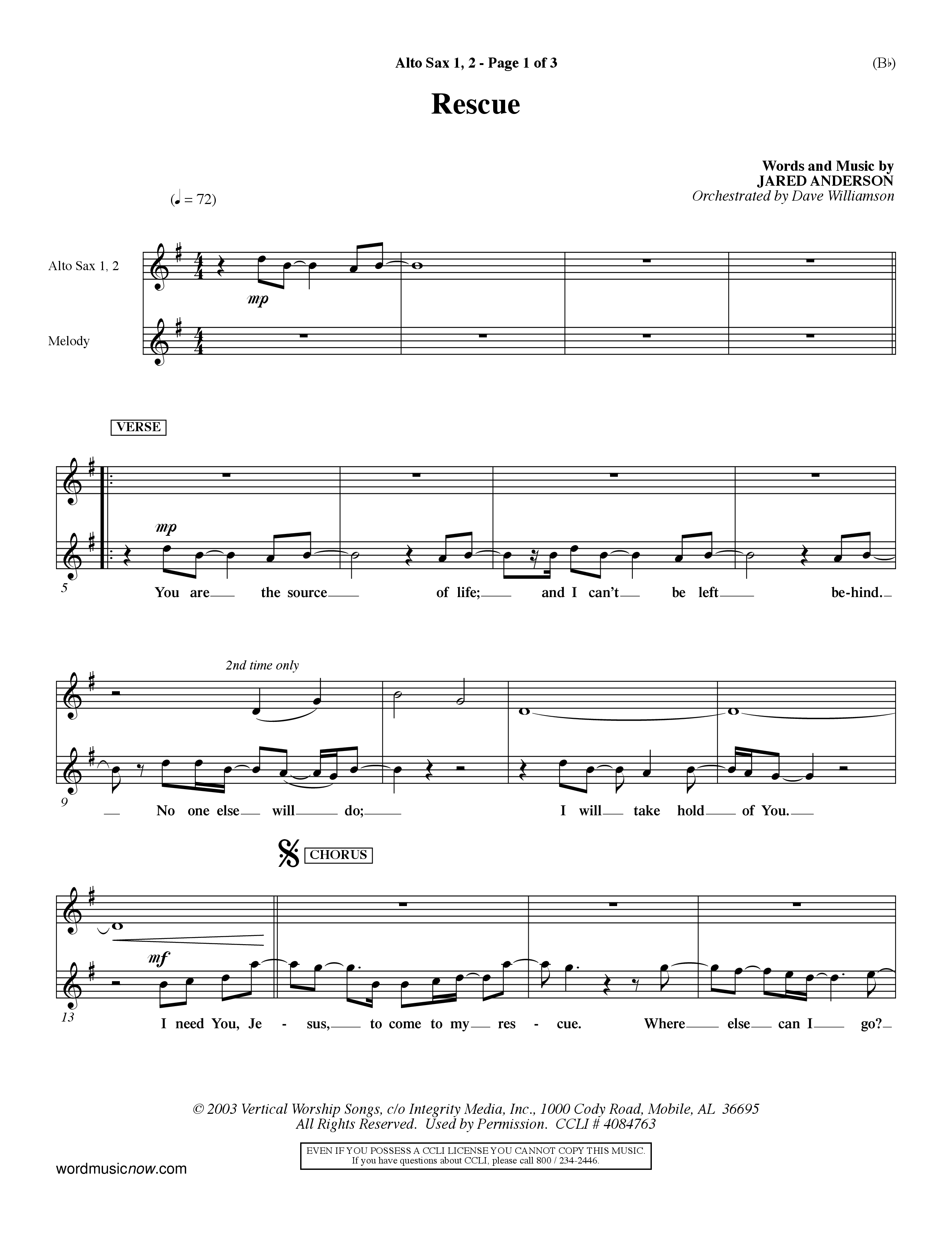 Rescue (Choral Anthem SATB) Alto Sax 1/2 (Word Music Choral / Orch. Dave Williamson)