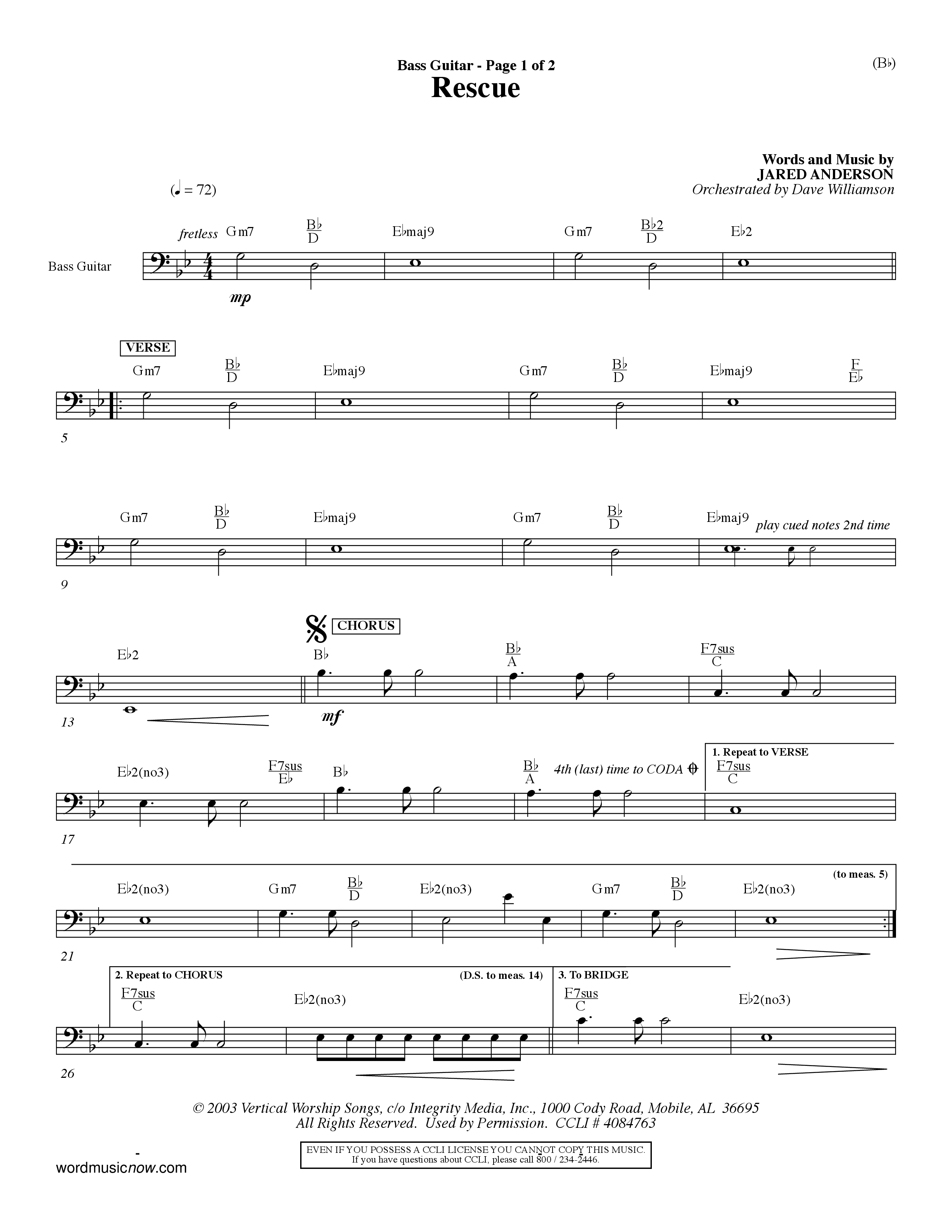 Rescue (Choral Anthem SATB) Bass Guitar (Word Music Choral / Orch. Dave Williamson)