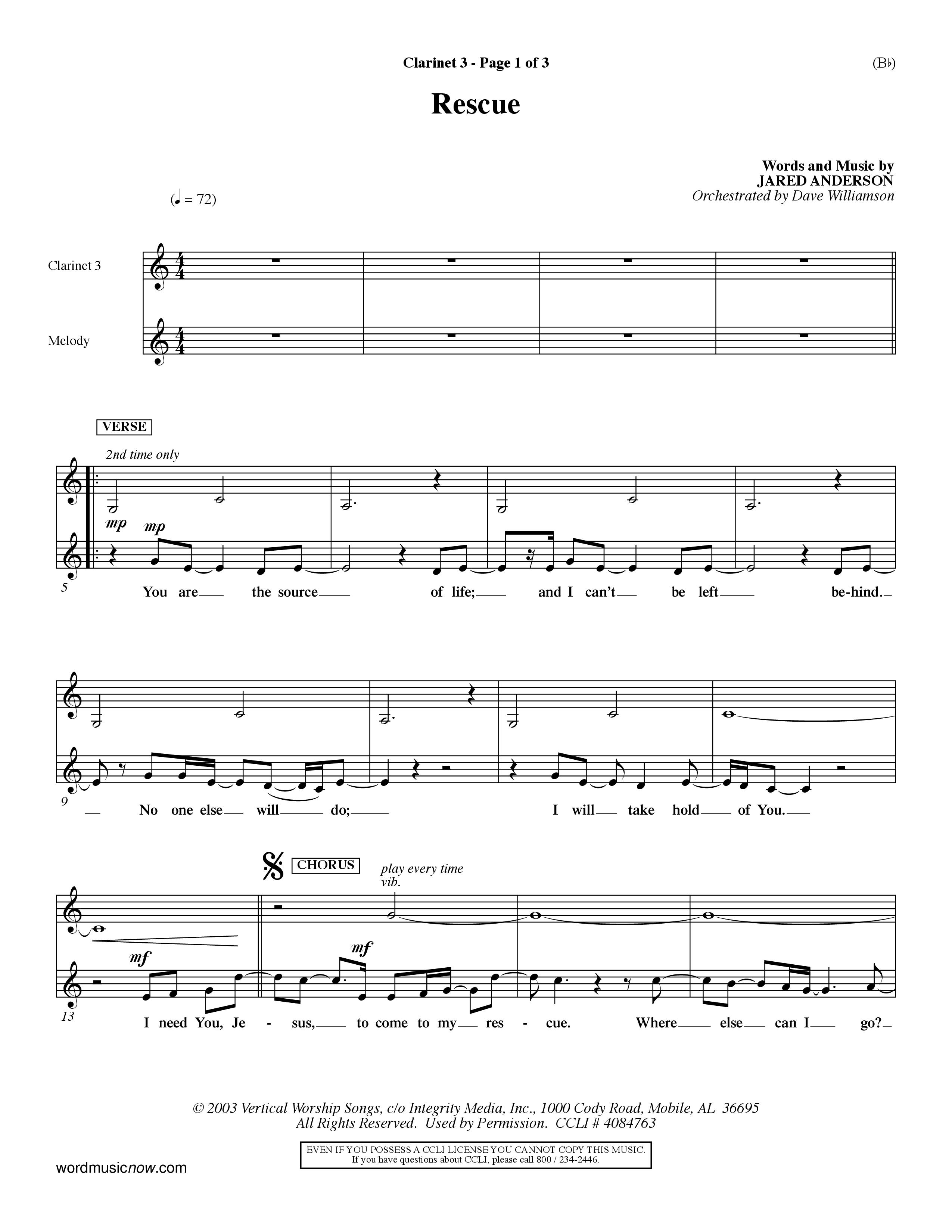 Rescue (Choral Anthem SATB) Clarinet 3 (Word Music Choral / Orch. Dave Williamson)