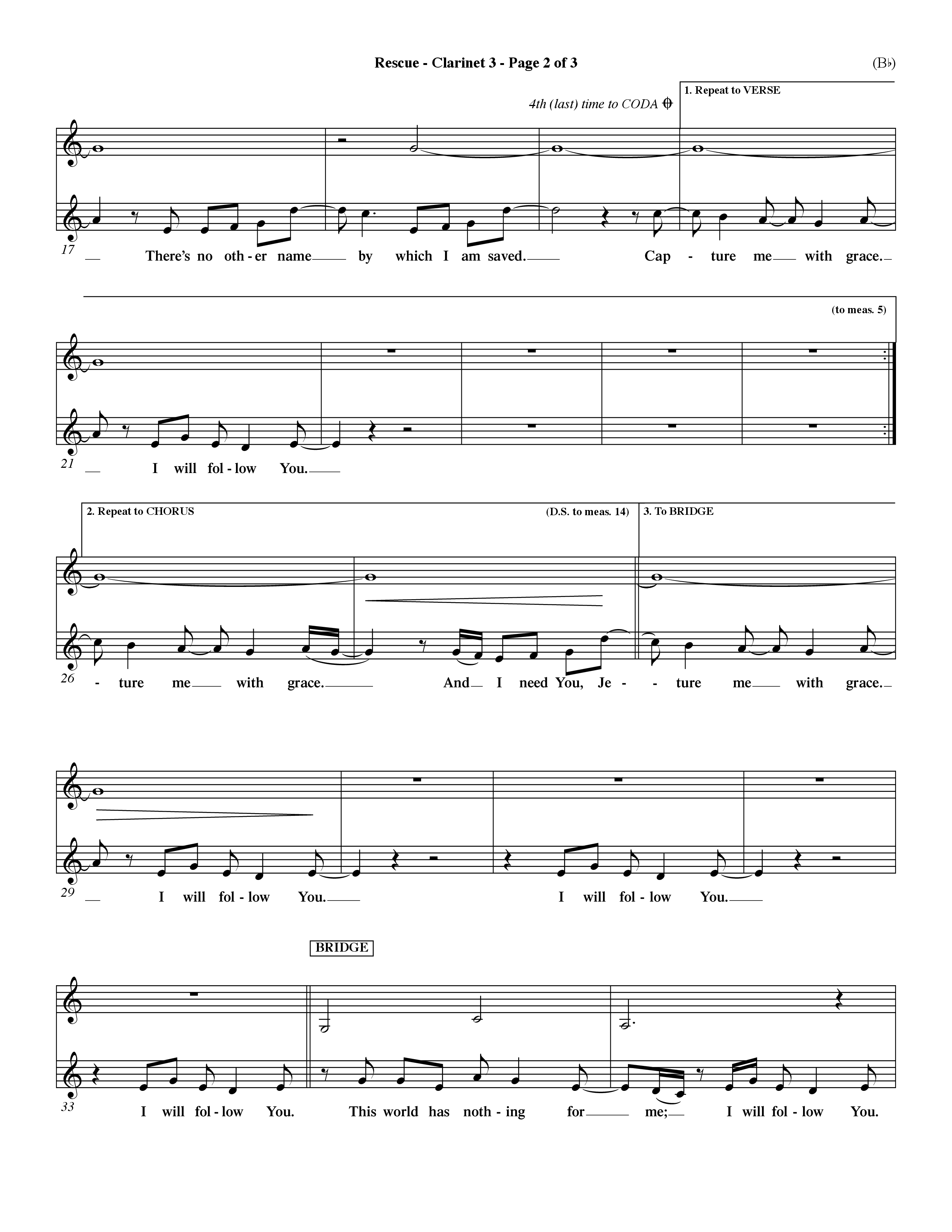 Rescue (Choral Anthem SATB) Clarinet 3 (Word Music Choral / Orch. Dave Williamson)