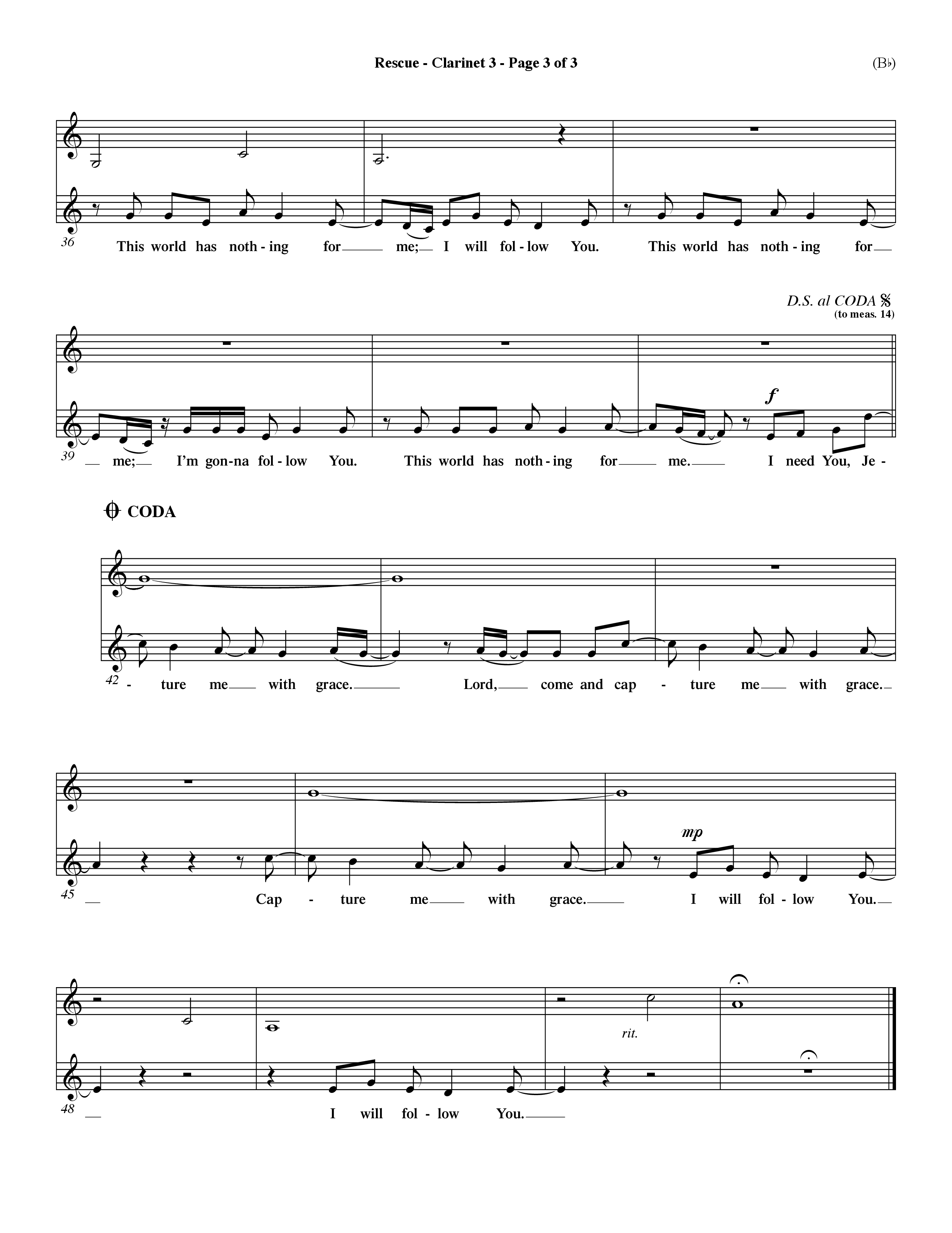 Rescue (Choral Anthem SATB) Clarinet 3 (Word Music Choral / Orch. Dave Williamson)