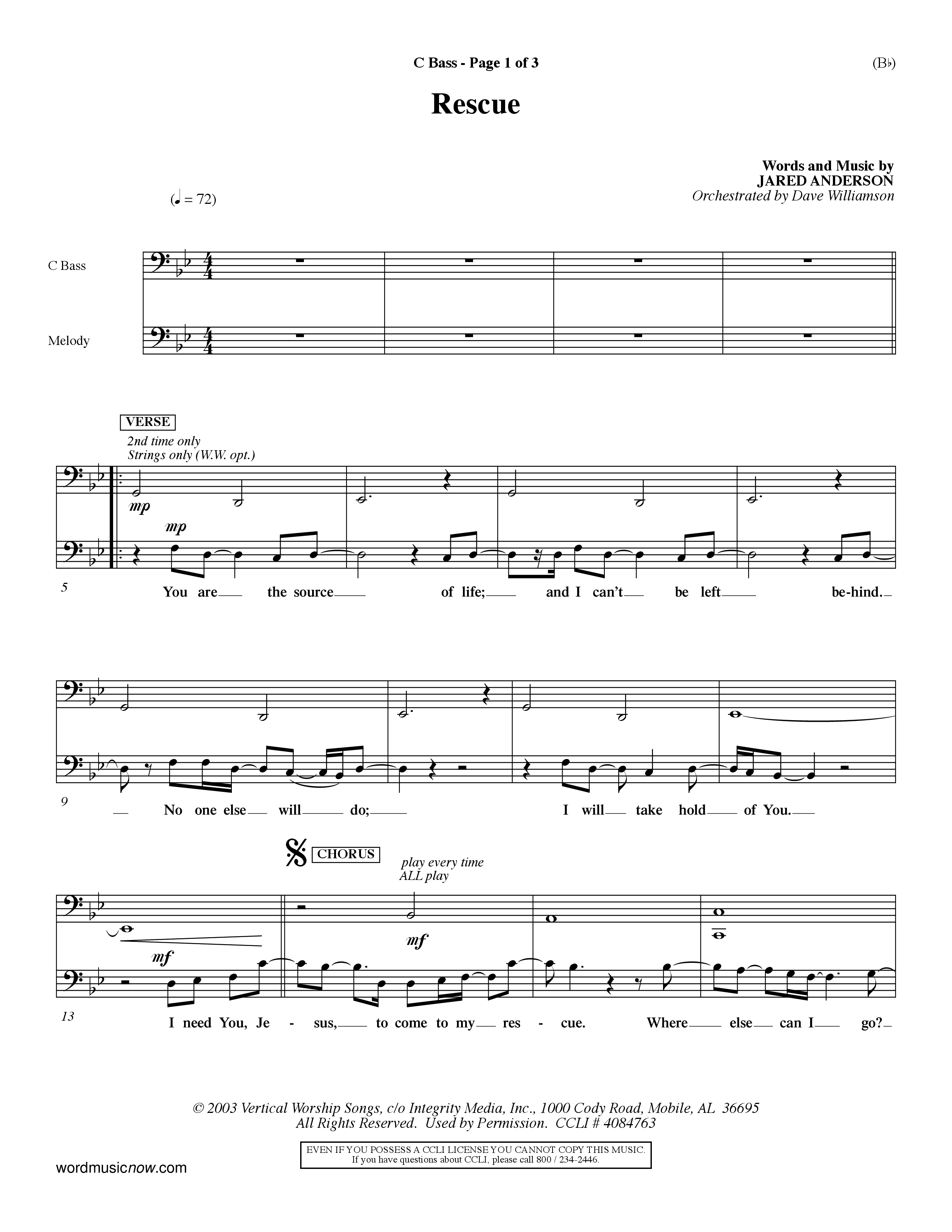 Rescue (Choral Anthem SATB) Contrabass (Word Music Choral / Orch. Dave Williamson)