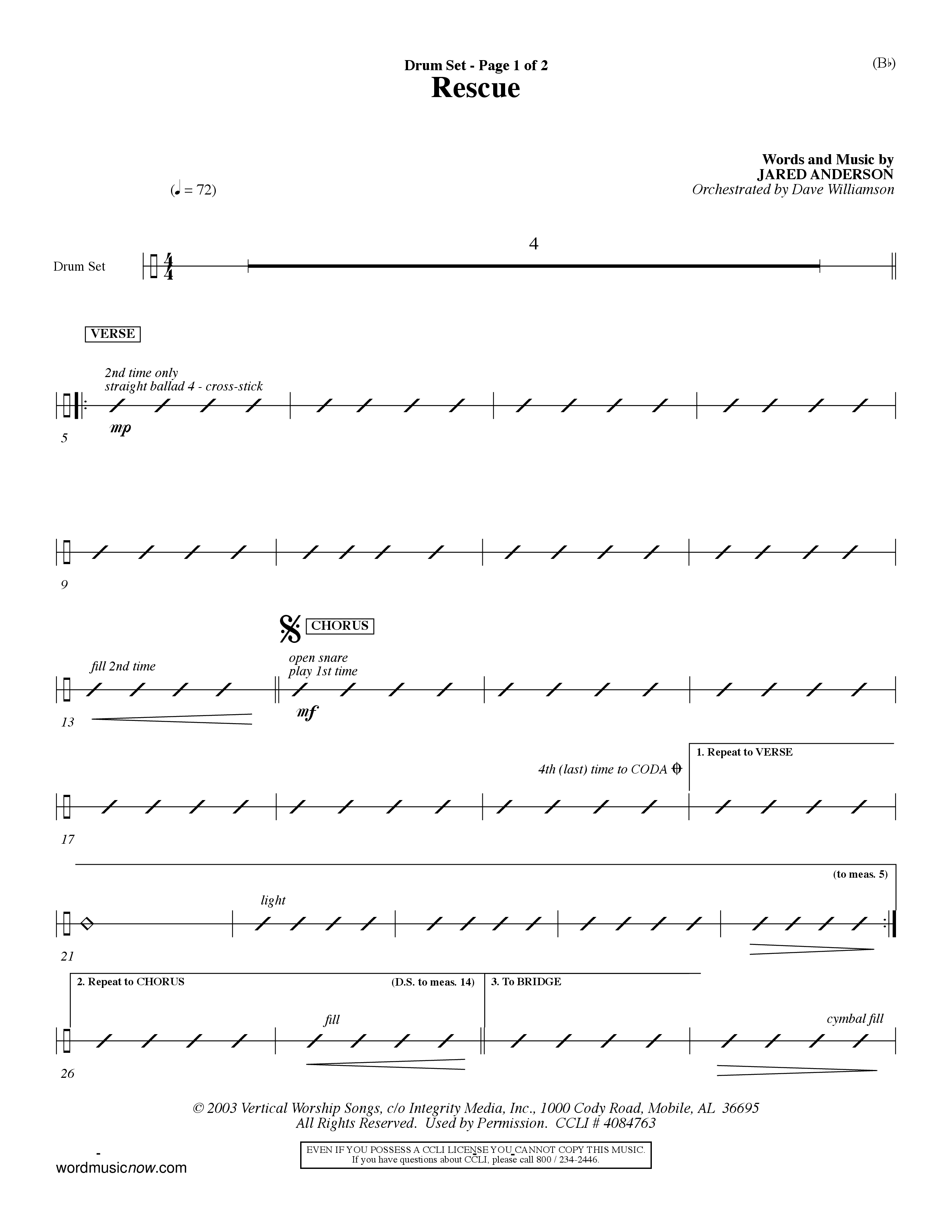 Rescue (Choral Anthem SATB) Drum Set (Word Music Choral / Orch. Dave Williamson)