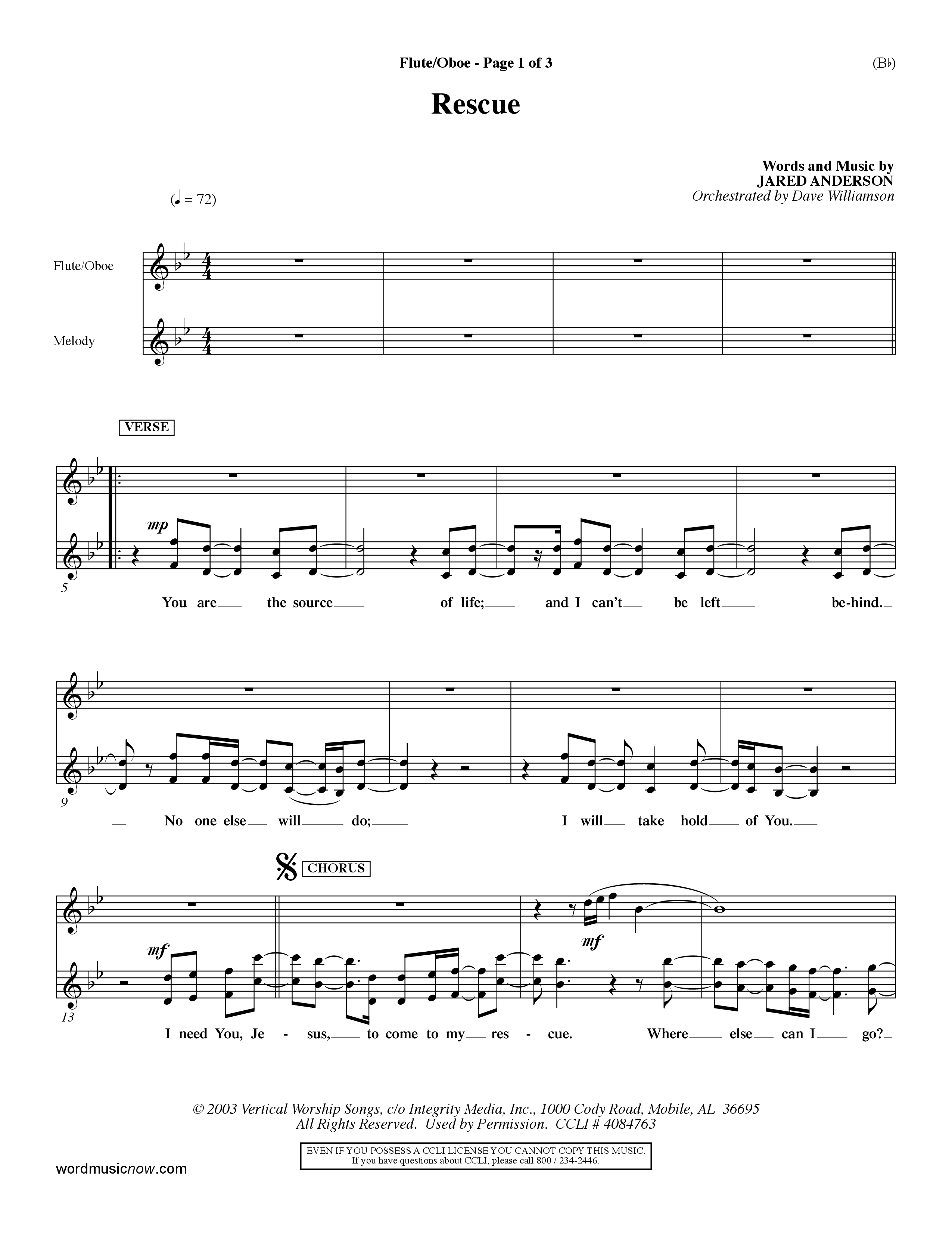 Rescue (Choral Anthem SATB) Flute/Oboe (Word Music Choral / Orch. Dave Williamson)