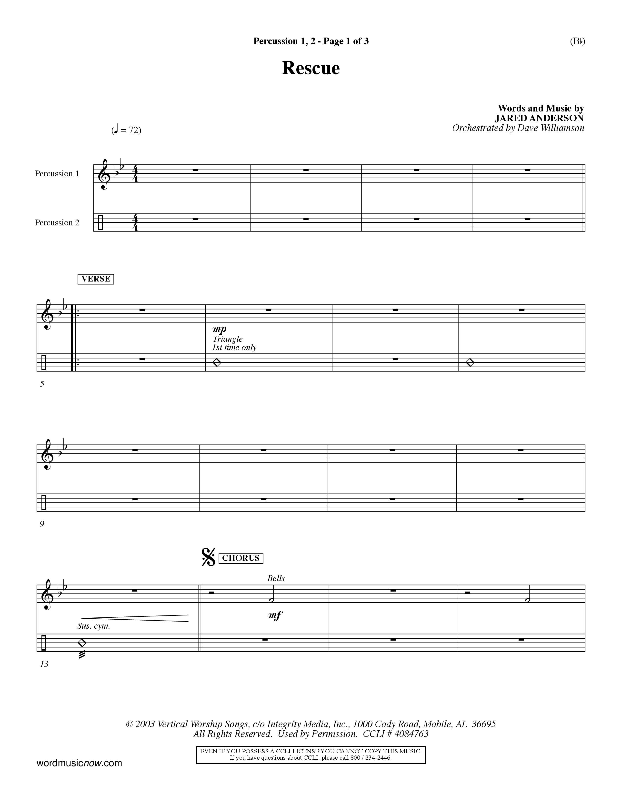 Rescue (Choral Anthem SATB) Percussion 1/2 (Word Music Choral / Orch. Dave Williamson)