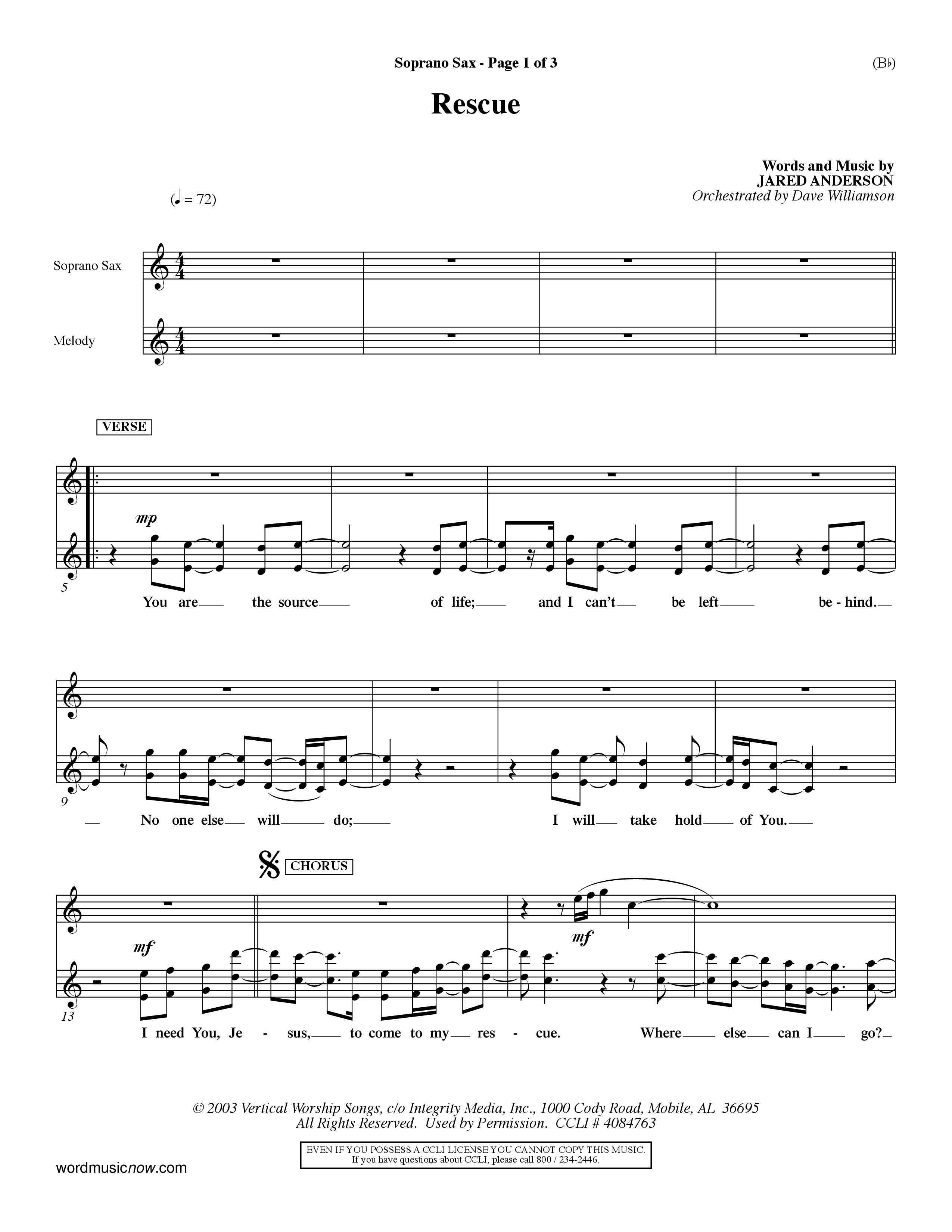 Rescue (Choral Anthem SATB) Saxophone (Word Music Choral / Orch. Dave Williamson)