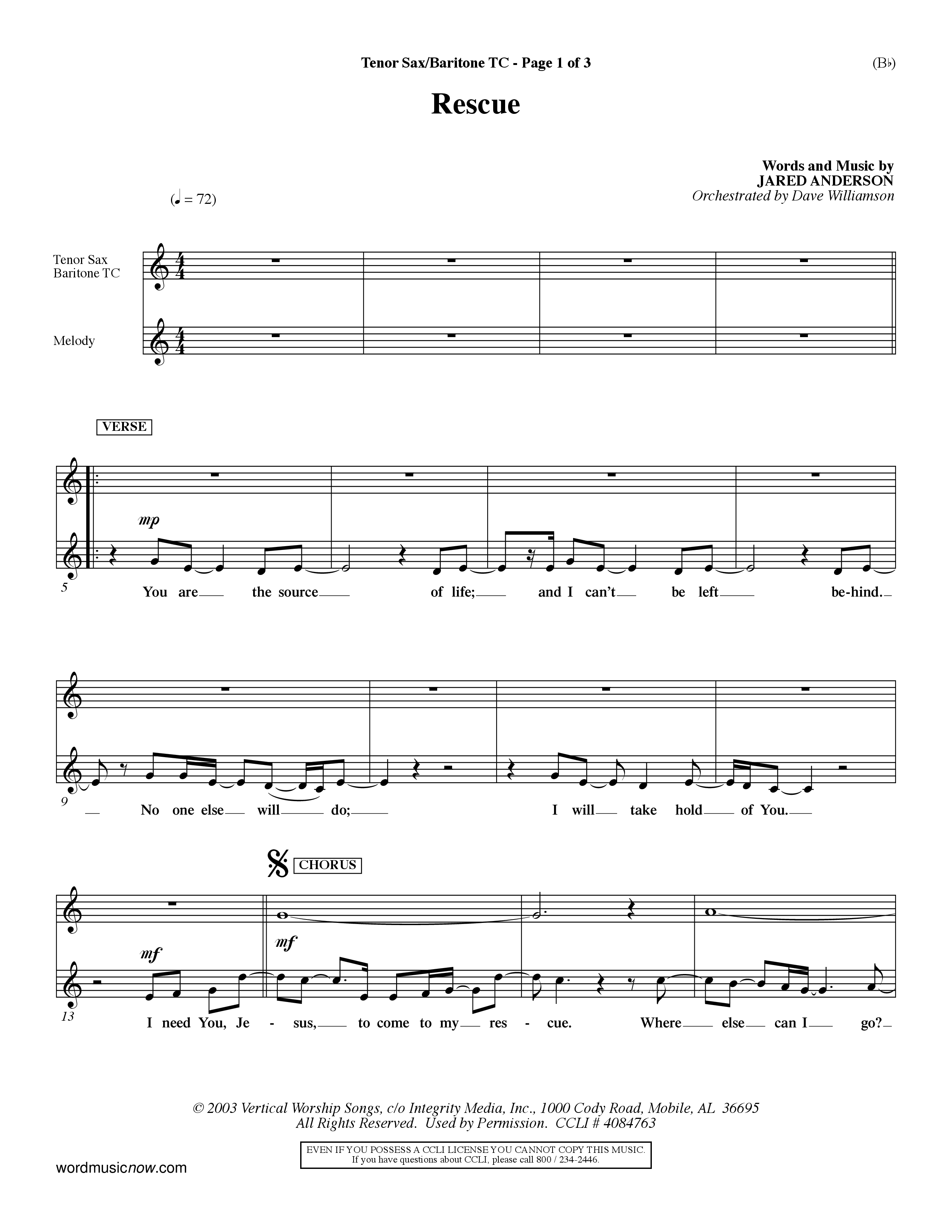 Rescue (Choral Anthem SATB) Tenor Sax/Baritone T.C. (Word Music Choral / Orch. Dave Williamson)