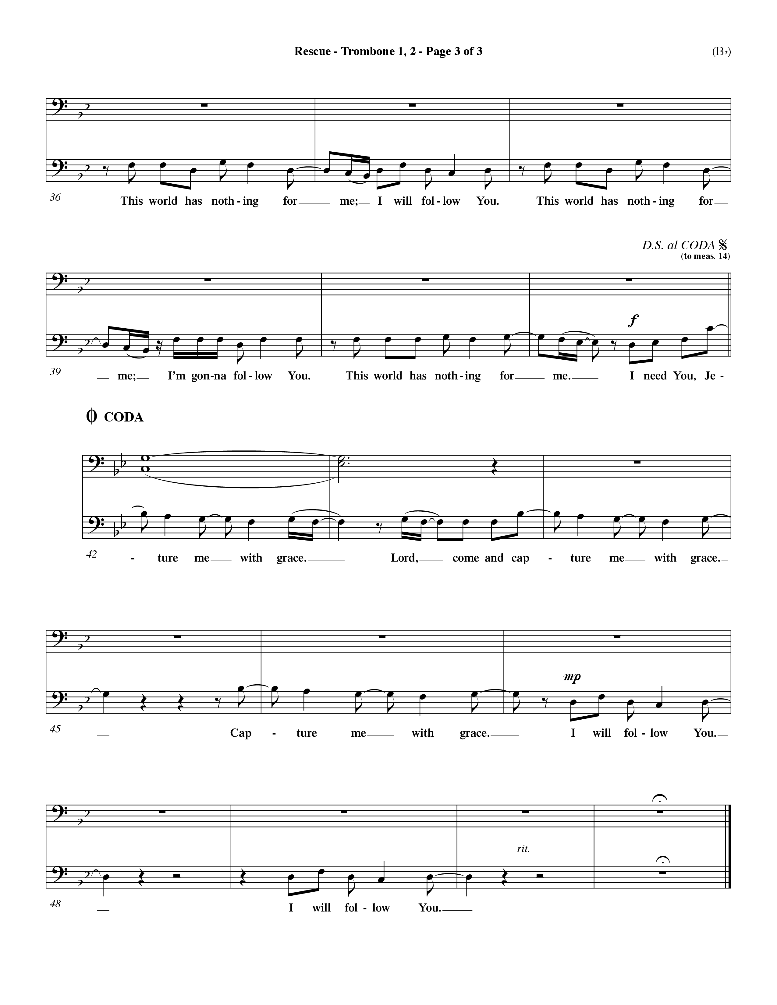 Rescue (Choral Anthem SATB) Trombone 1/2 (Word Music Choral / Orch. Dave Williamson)