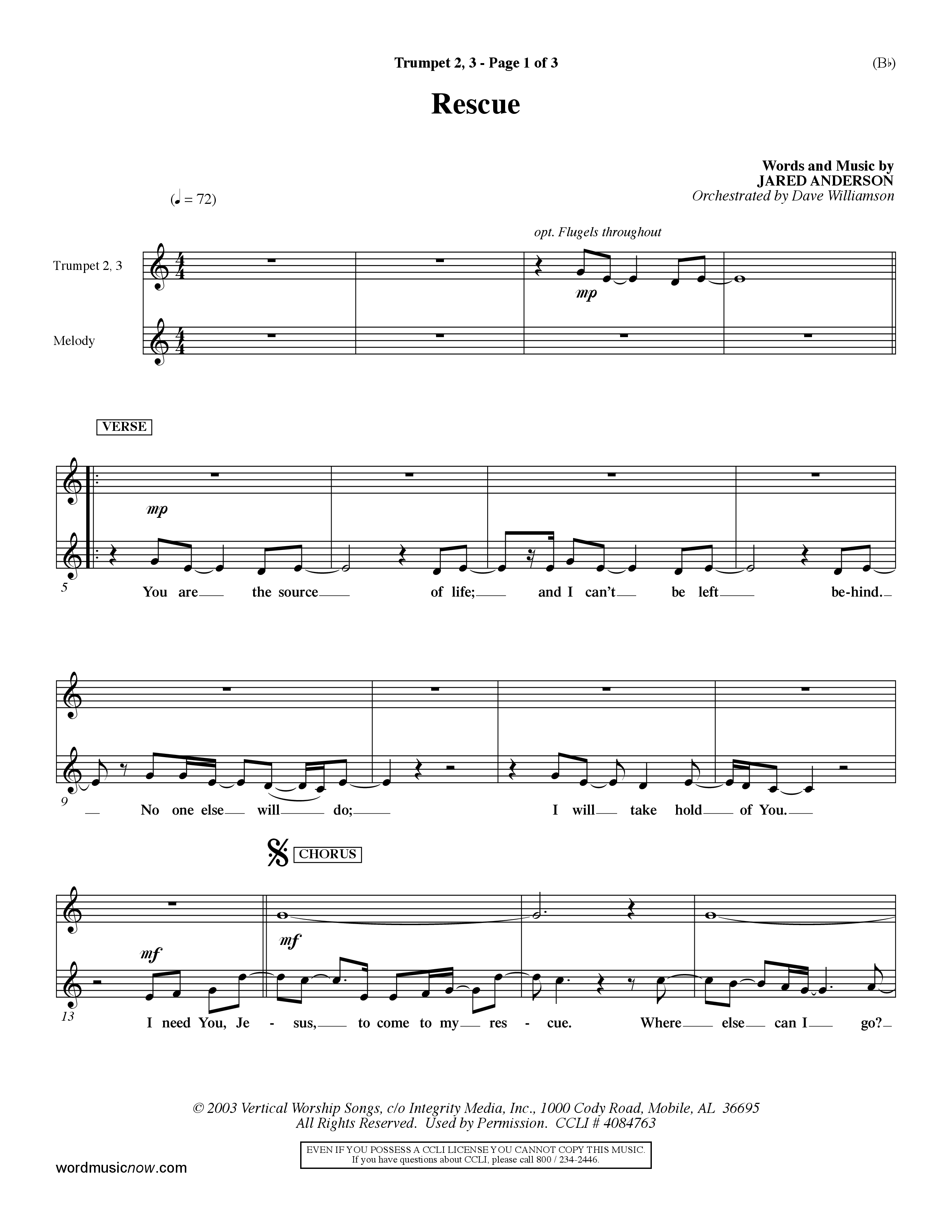 Rescue (Choral Anthem SATB) Trumpet 2/3 (Word Music Choral / Orch. Dave Williamson)