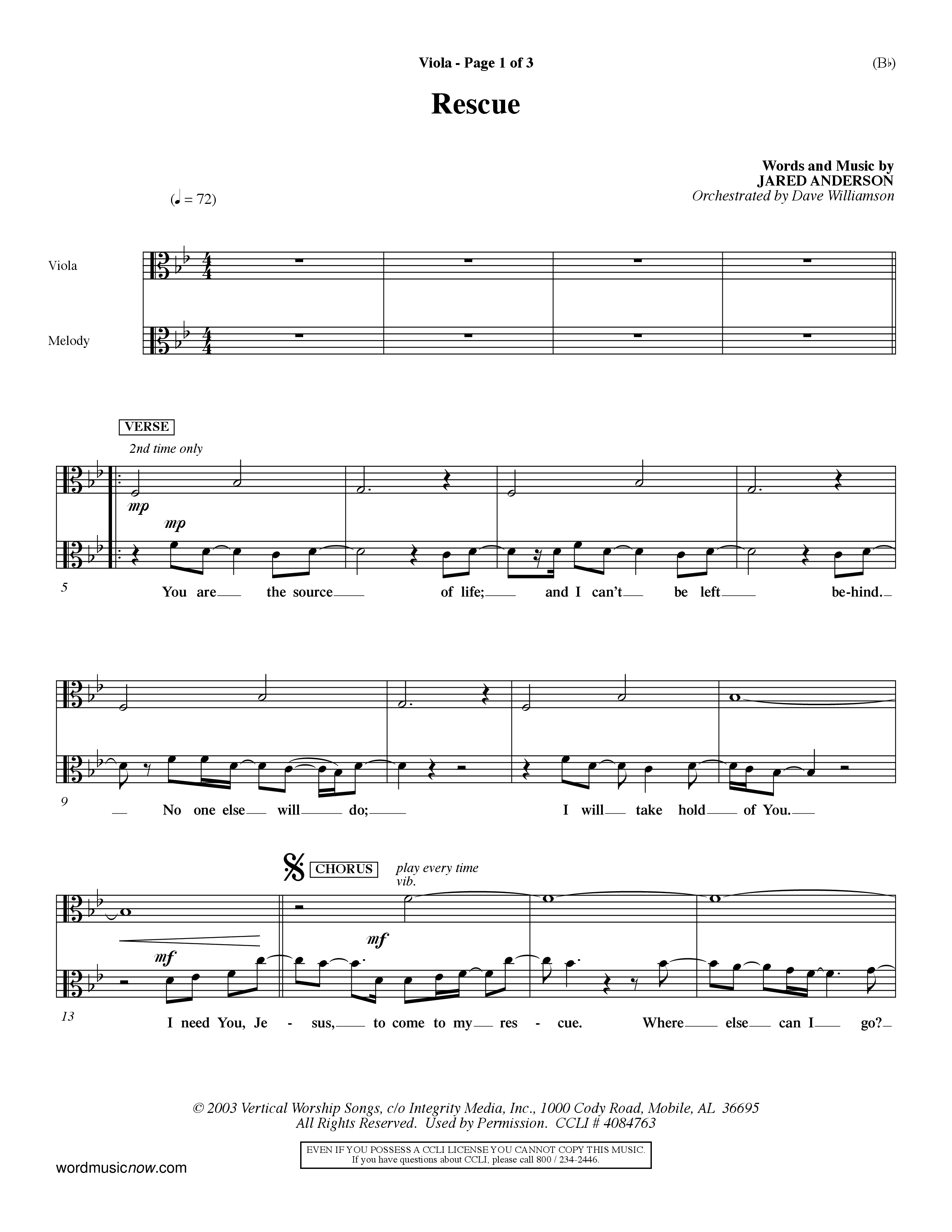 Rescue (Choral Anthem SATB) Viola (Word Music Choral / Orch. Dave Williamson)