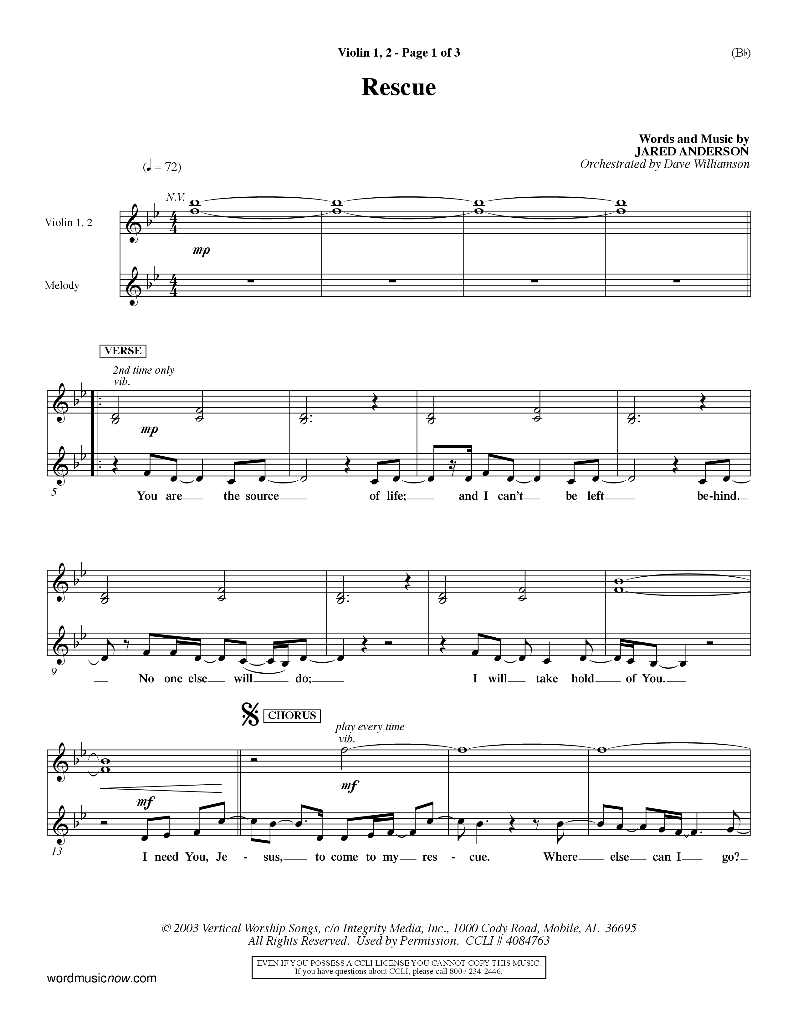 Rescue (Choral Anthem SATB) Violin 1/2 (Word Music Choral / Orch. Dave Williamson)