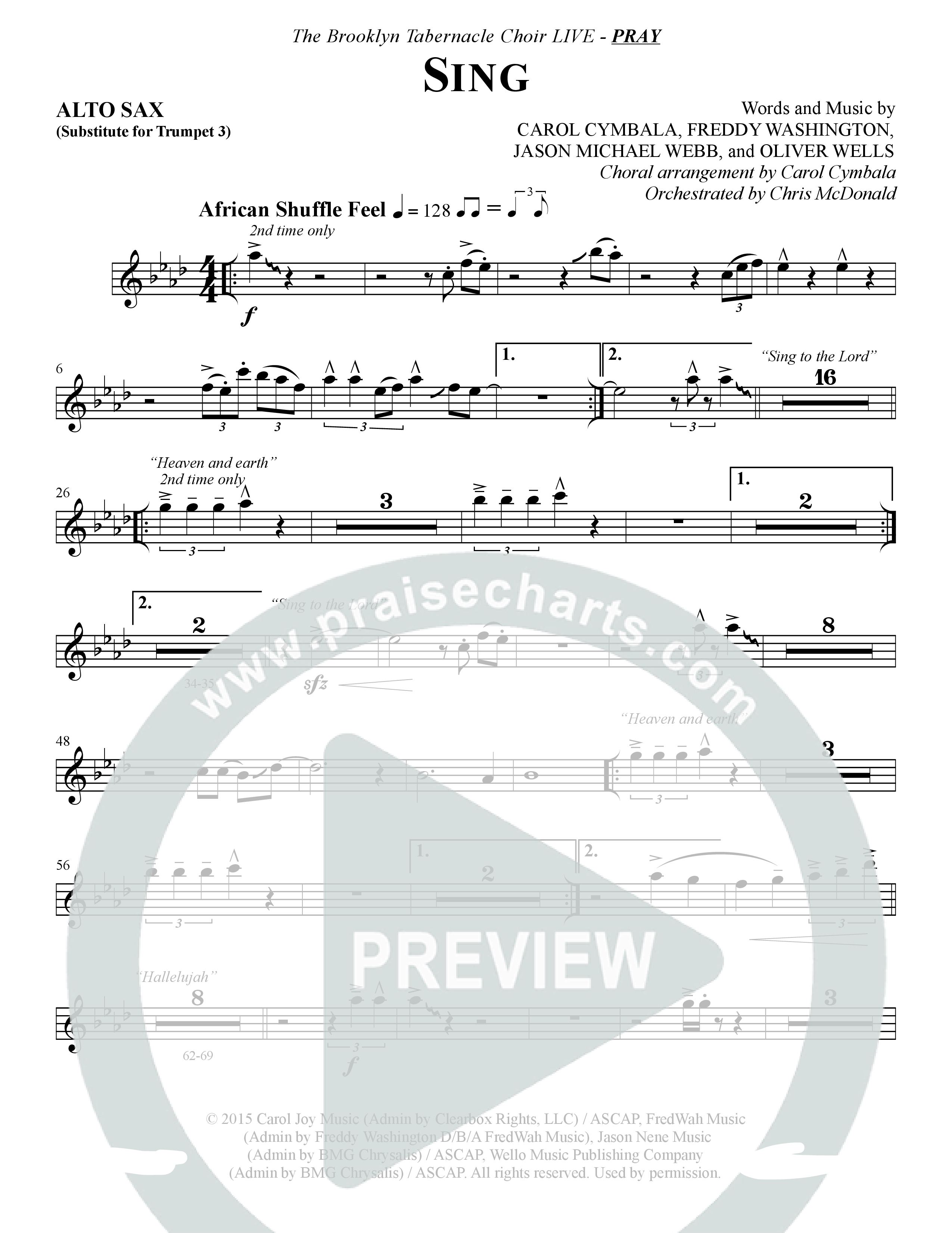 Sing (Choral Anthem SATB) Alto Sax (The Brooklyn Tabernacle Choir / Arr. Carol Cymbala)