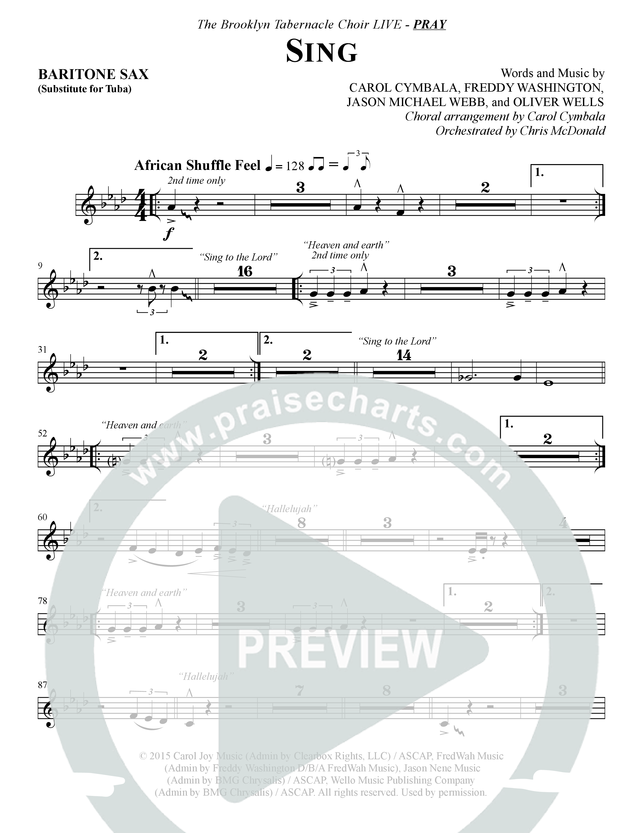Sing (Choral Anthem SATB) Bari Sax (The Brooklyn Tabernacle Choir / Arr. Carol Cymbala)