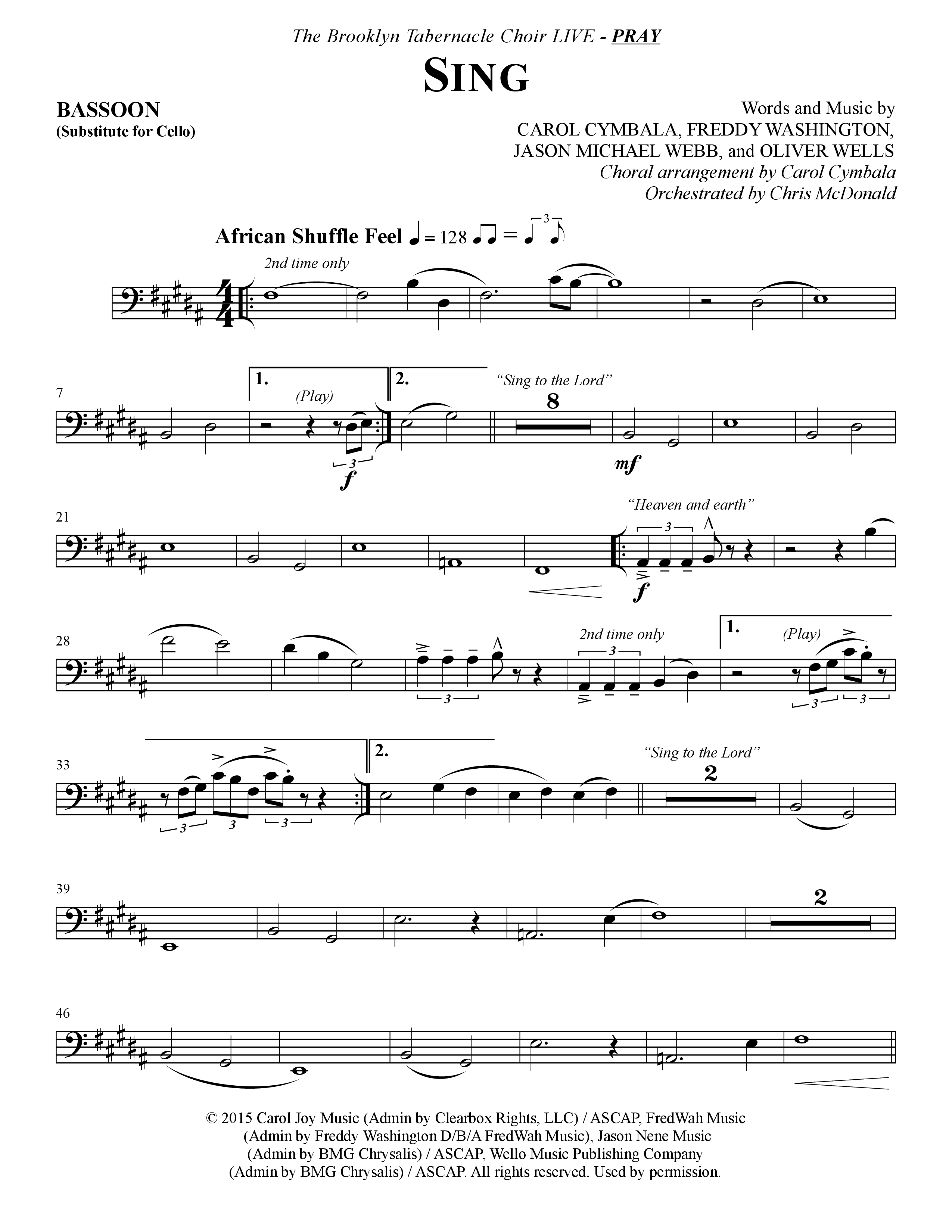 Sing (Choral Anthem SATB) Bassoon (The Brooklyn Tabernacle Choir / Arr. Carol Cymbala)