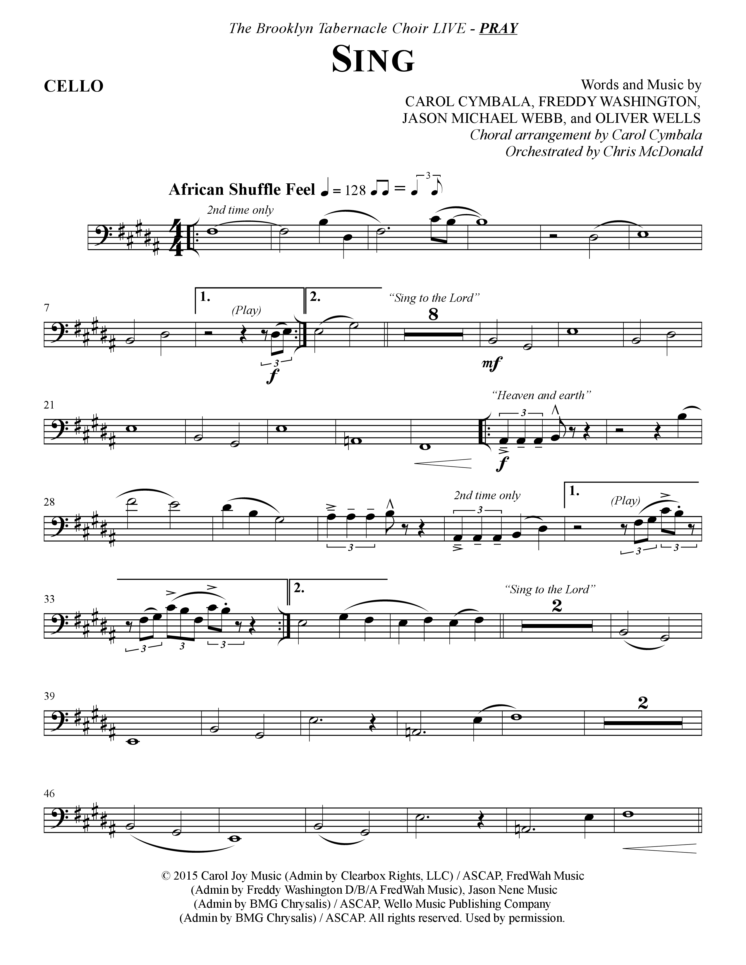 Sing (Choral Anthem SATB) Cello (The Brooklyn Tabernacle Choir / Arr. Carol Cymbala)