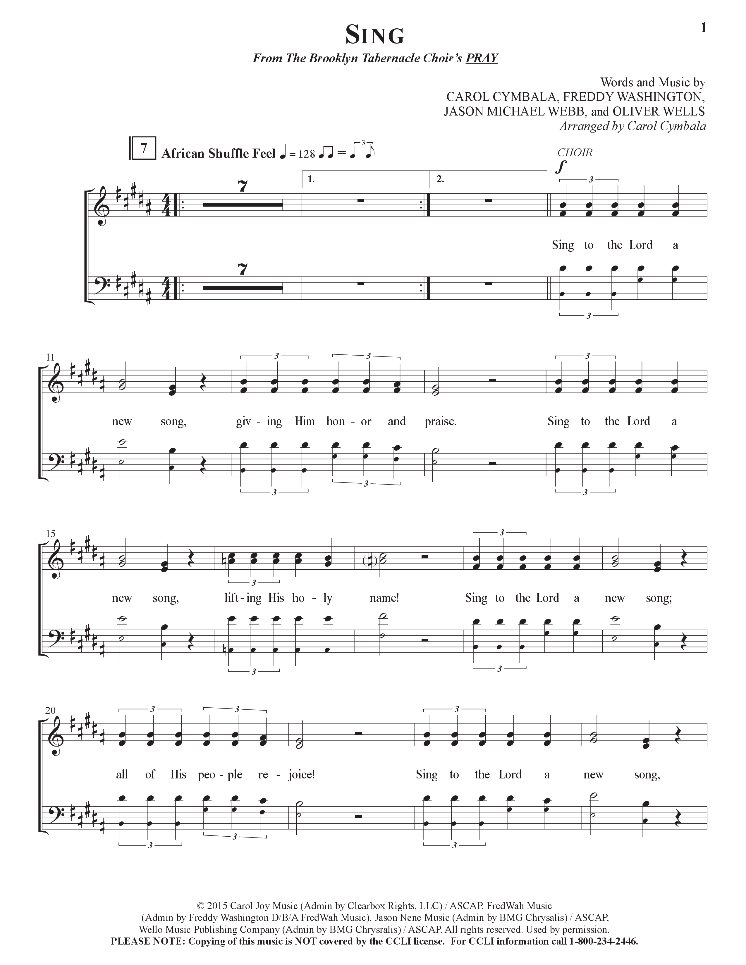 Sing (Choral Anthem SATB) Choir Sheet (SATB) (The Brooklyn Tabernacle Choir / Arr. Carol Cymbala)