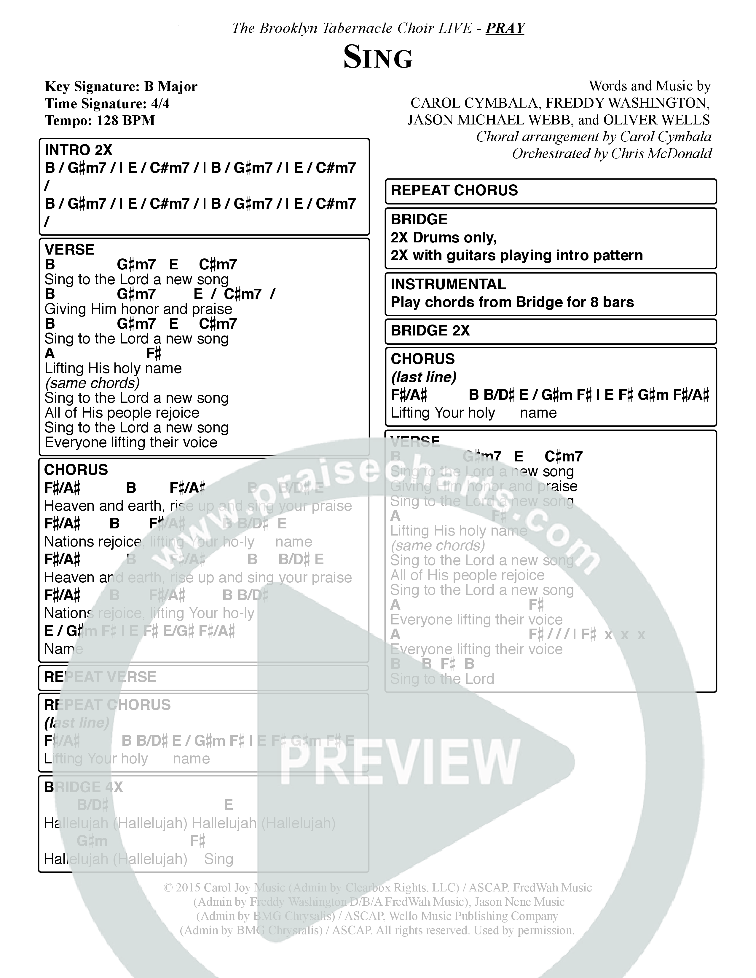 Sing (Choral Anthem SATB) Chord Chart (The Brooklyn Tabernacle Choir / Arr. Carol Cymbala)