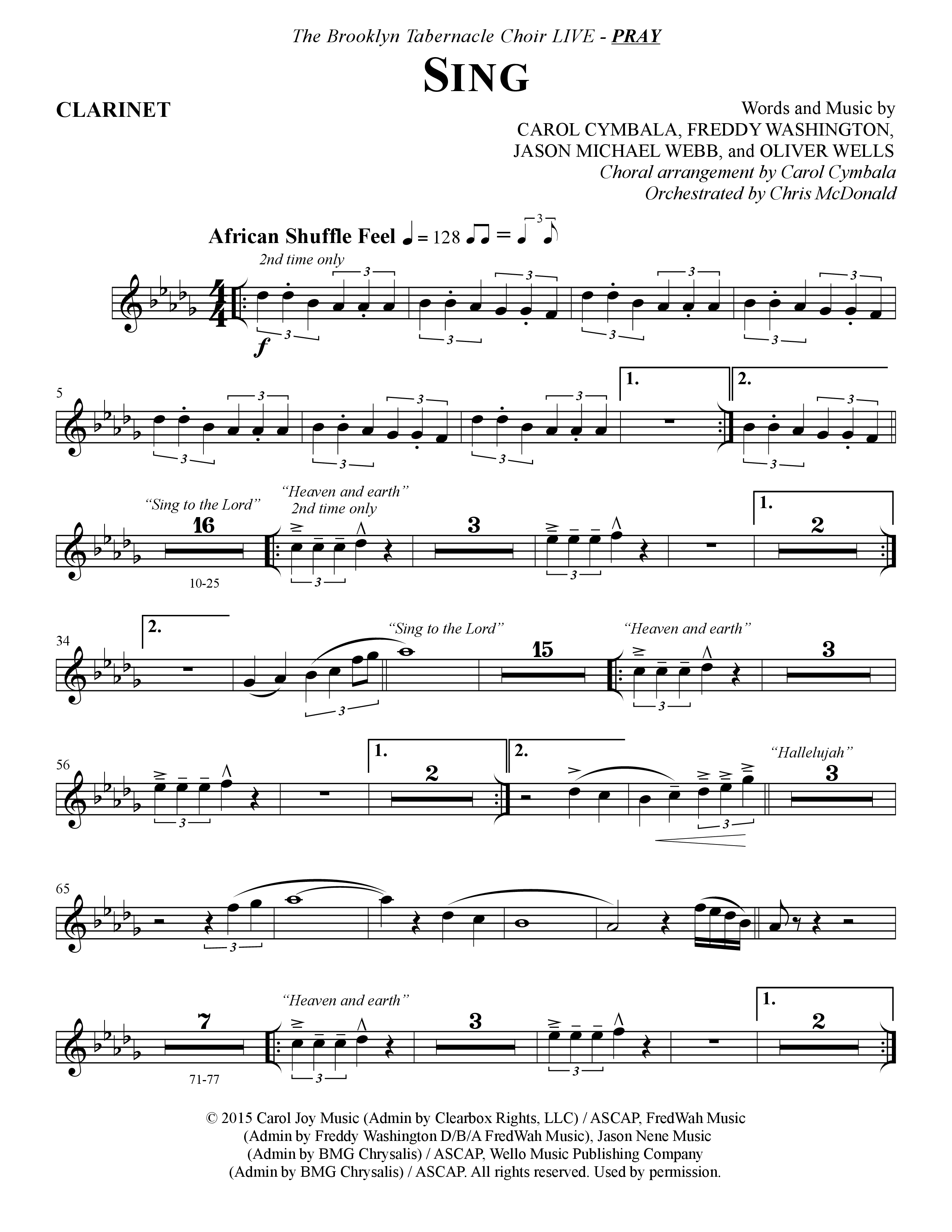 Sing (Choral Anthem SATB) Clarinet (The Brooklyn Tabernacle Choir / Arr. Carol Cymbala)