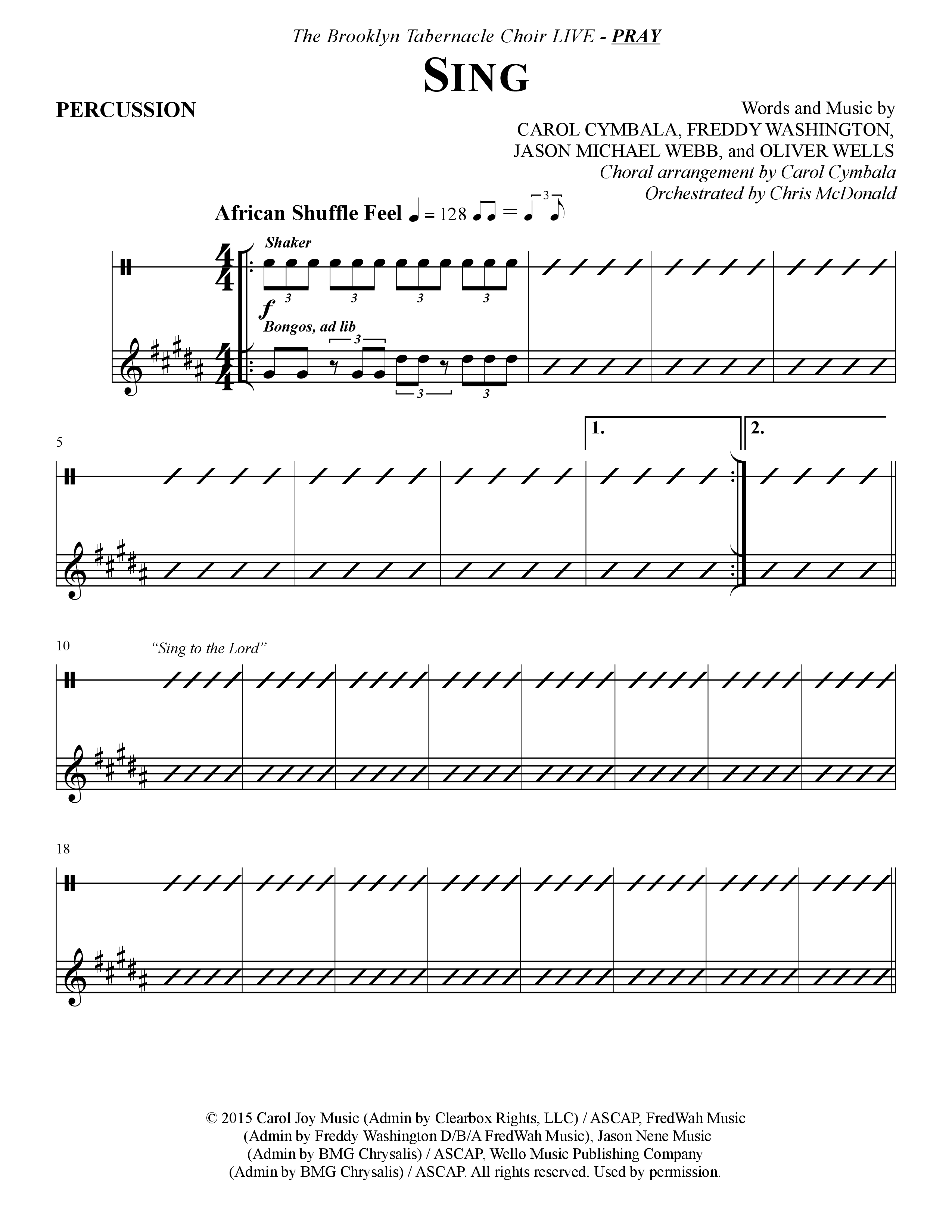 Sing (Choral Anthem SATB) Percussion (The Brooklyn Tabernacle Choir / Arr. Carol Cymbala)