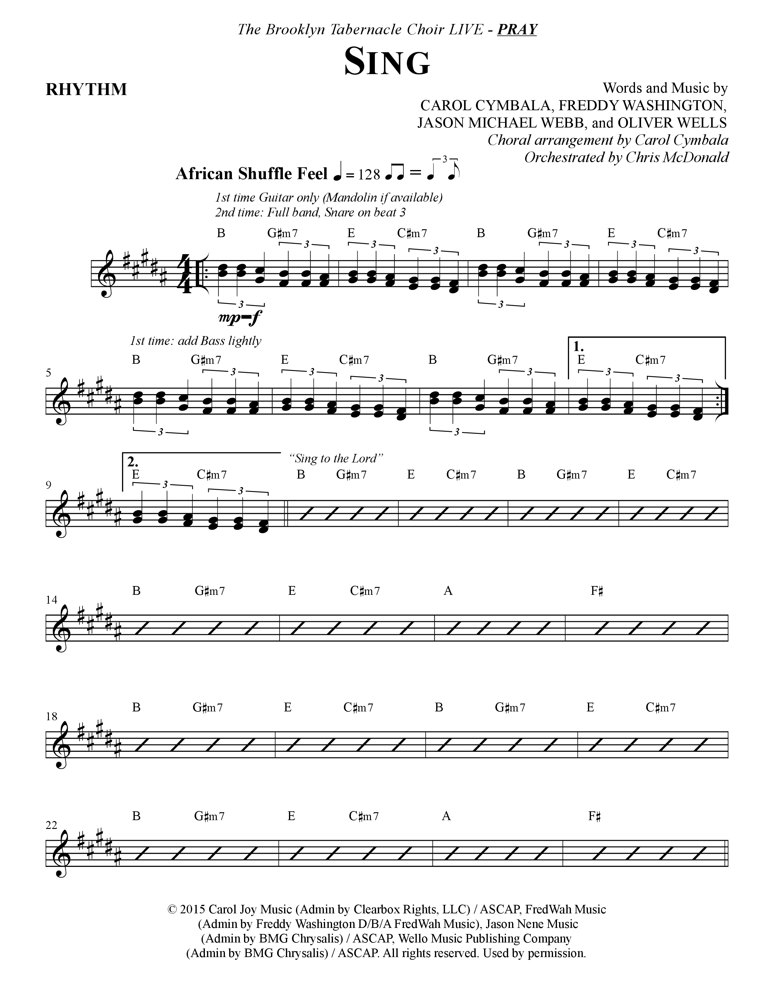 Sing (Choral Anthem SATB) Rhythm Chart (The Brooklyn Tabernacle Choir / Arr. Carol Cymbala)