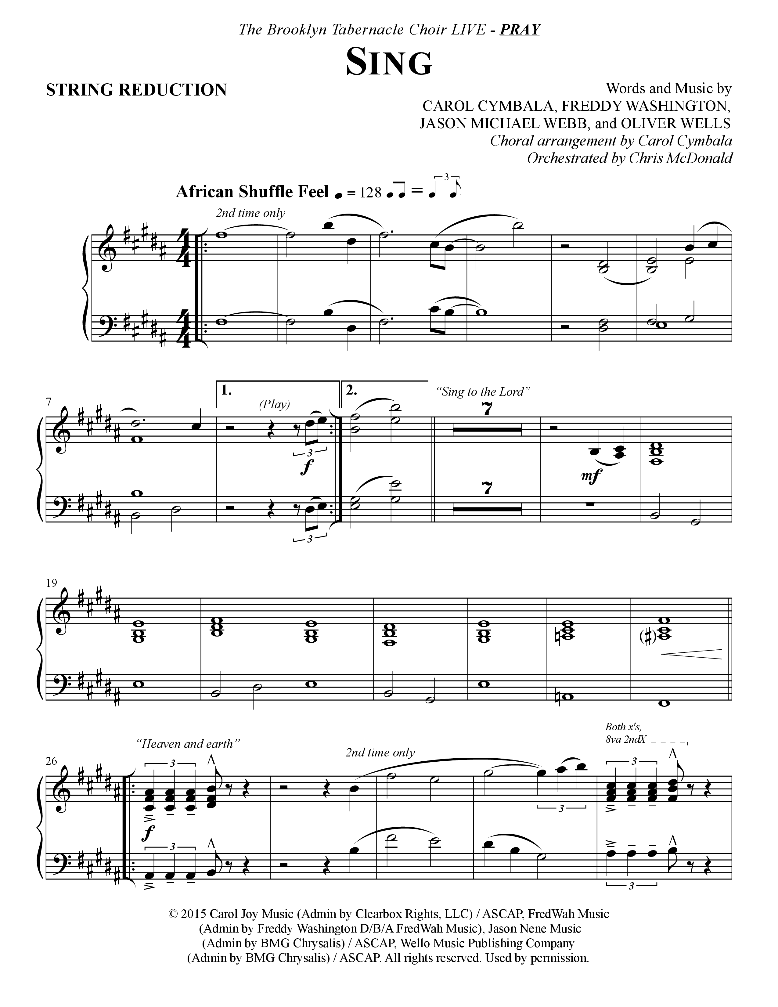 Sing (Choral Anthem SATB) String Reduction (The Brooklyn Tabernacle Choir / Arr. Carol Cymbala)