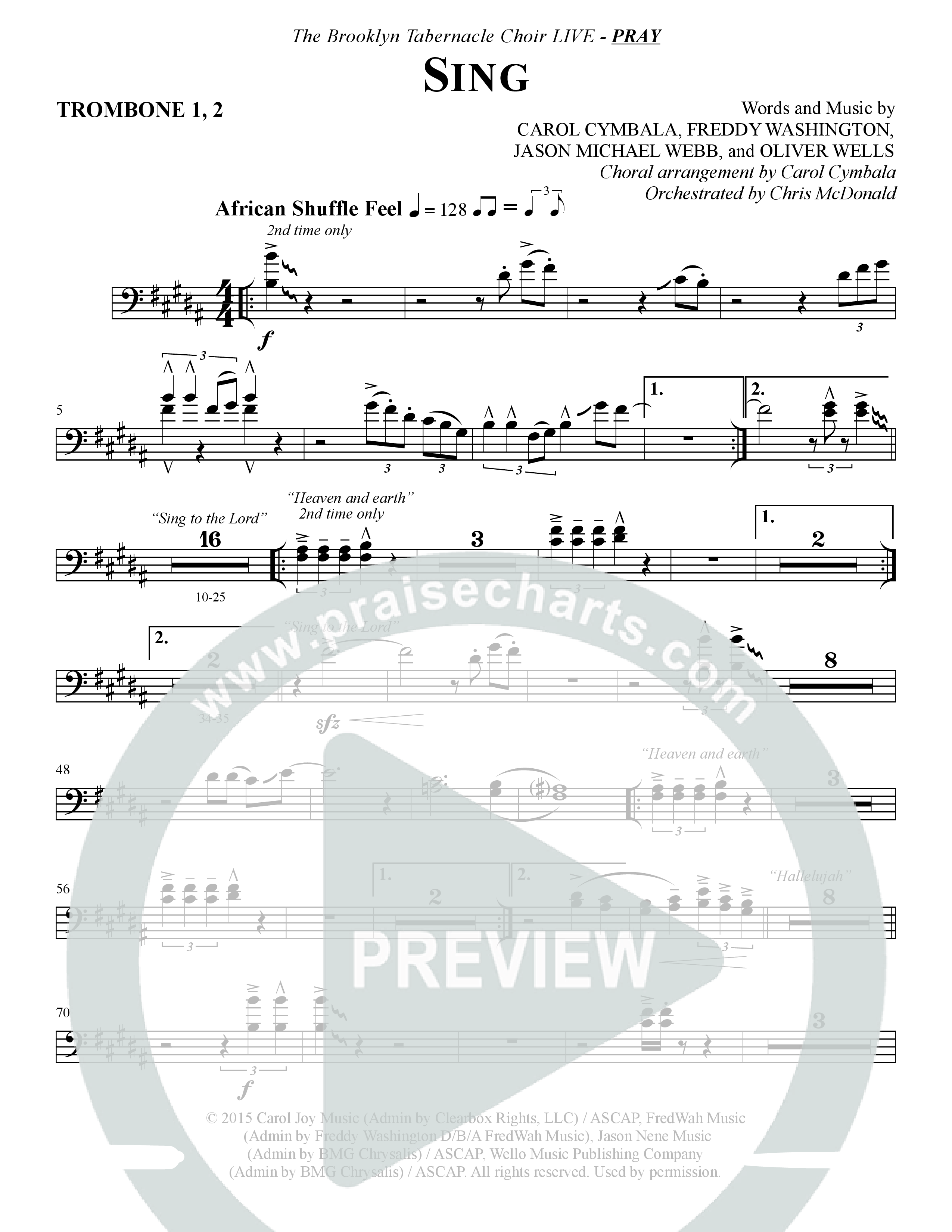 Sing (Choral Anthem SATB) Trombone 1/2 (The Brooklyn Tabernacle Choir / Arr. Carol Cymbala)