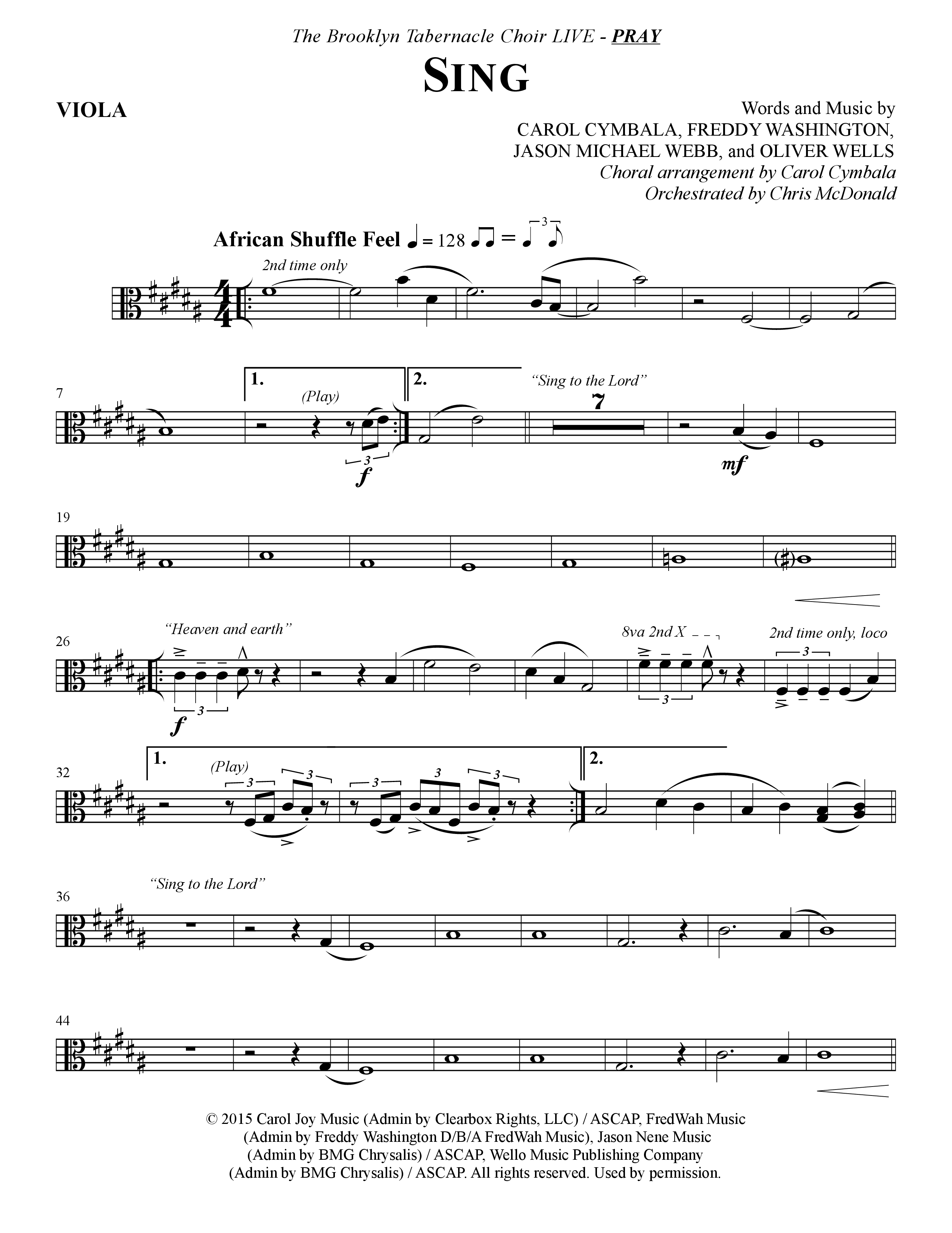 Sing (Choral Anthem SATB) Viola (The Brooklyn Tabernacle Choir / Arr. Carol Cymbala)
